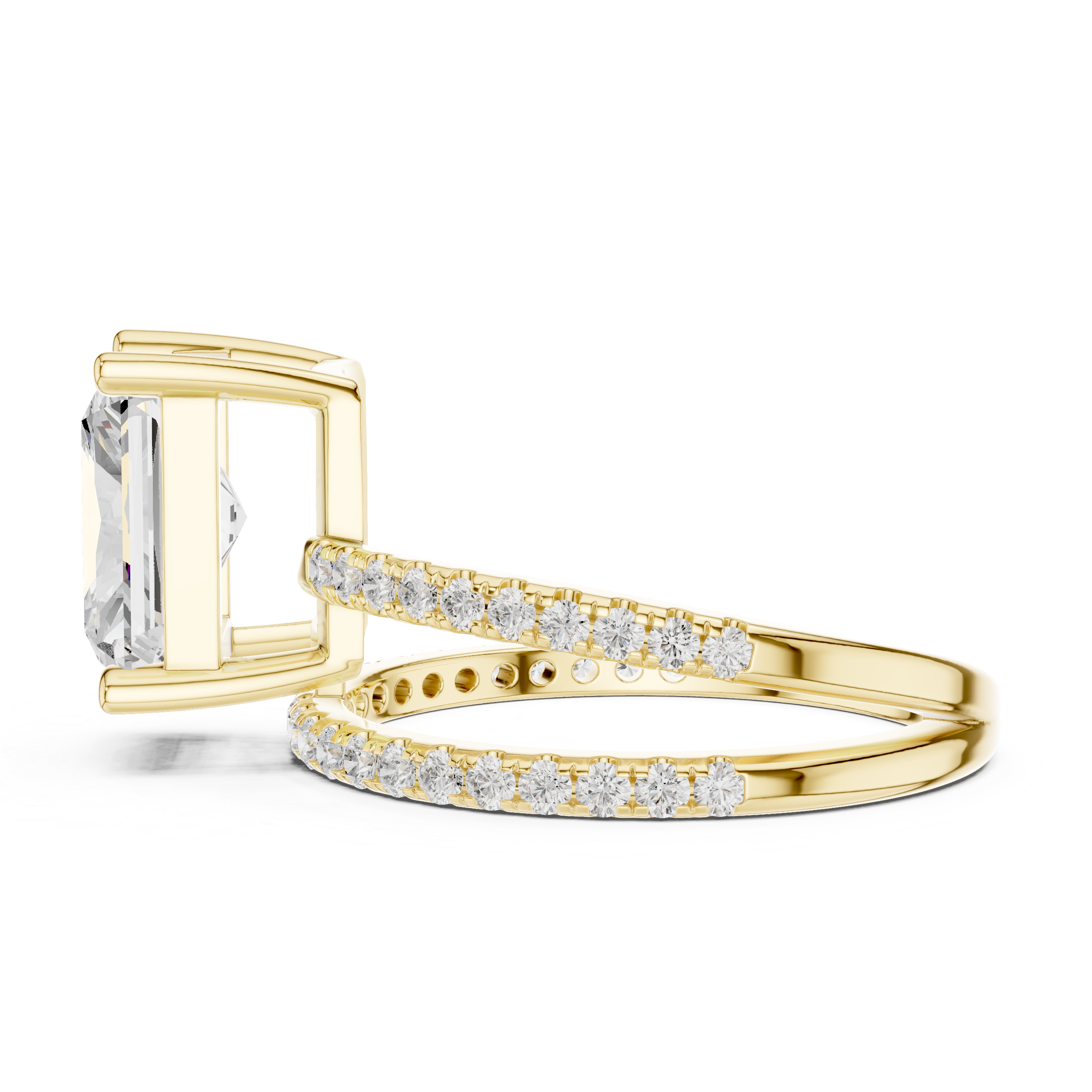 Split Shank Radiant Cut Solitaire Engagement Ring with Pavé Diamond Band