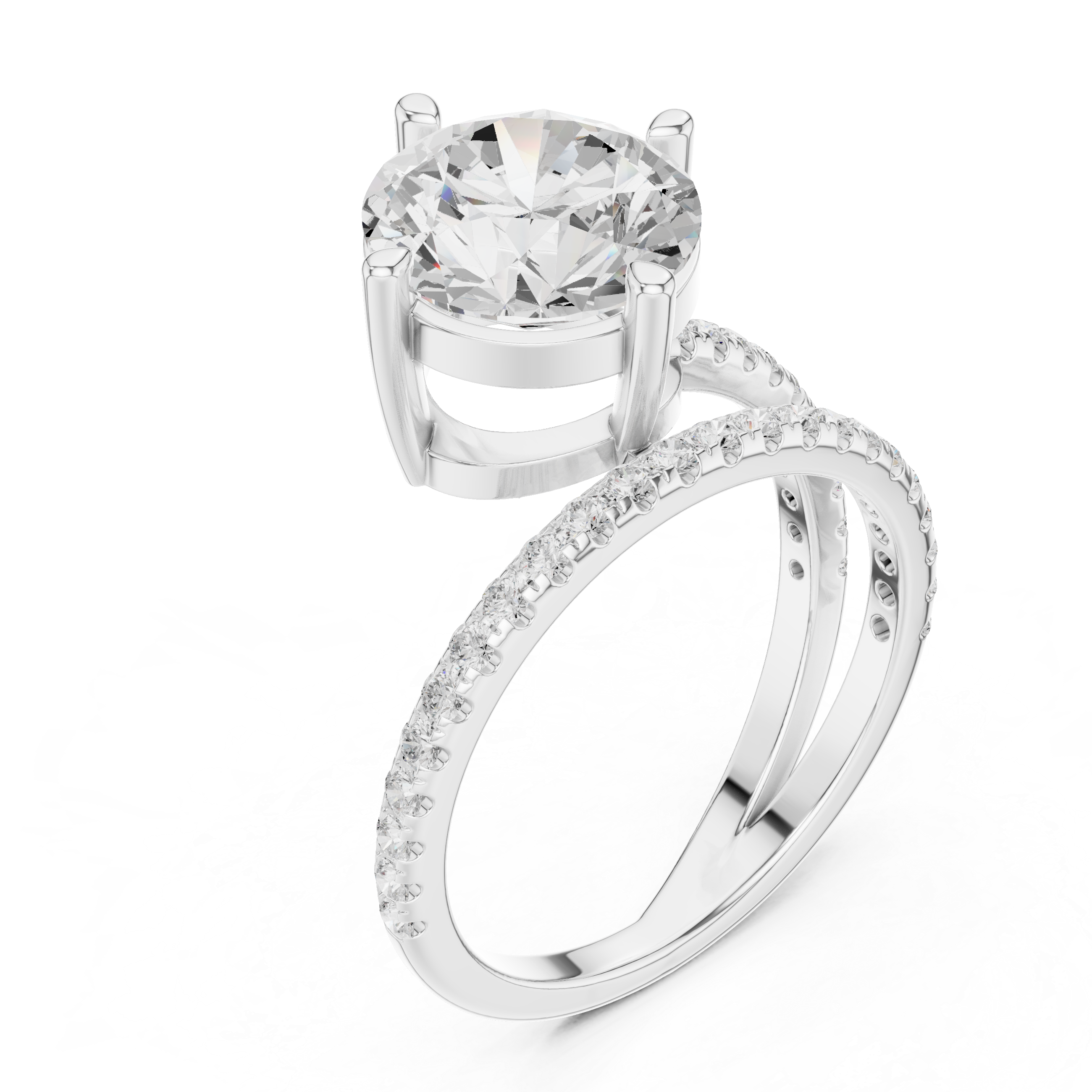 Split Shank Round Cut Solitaire Engagement Ring with Pavé Diamond Band