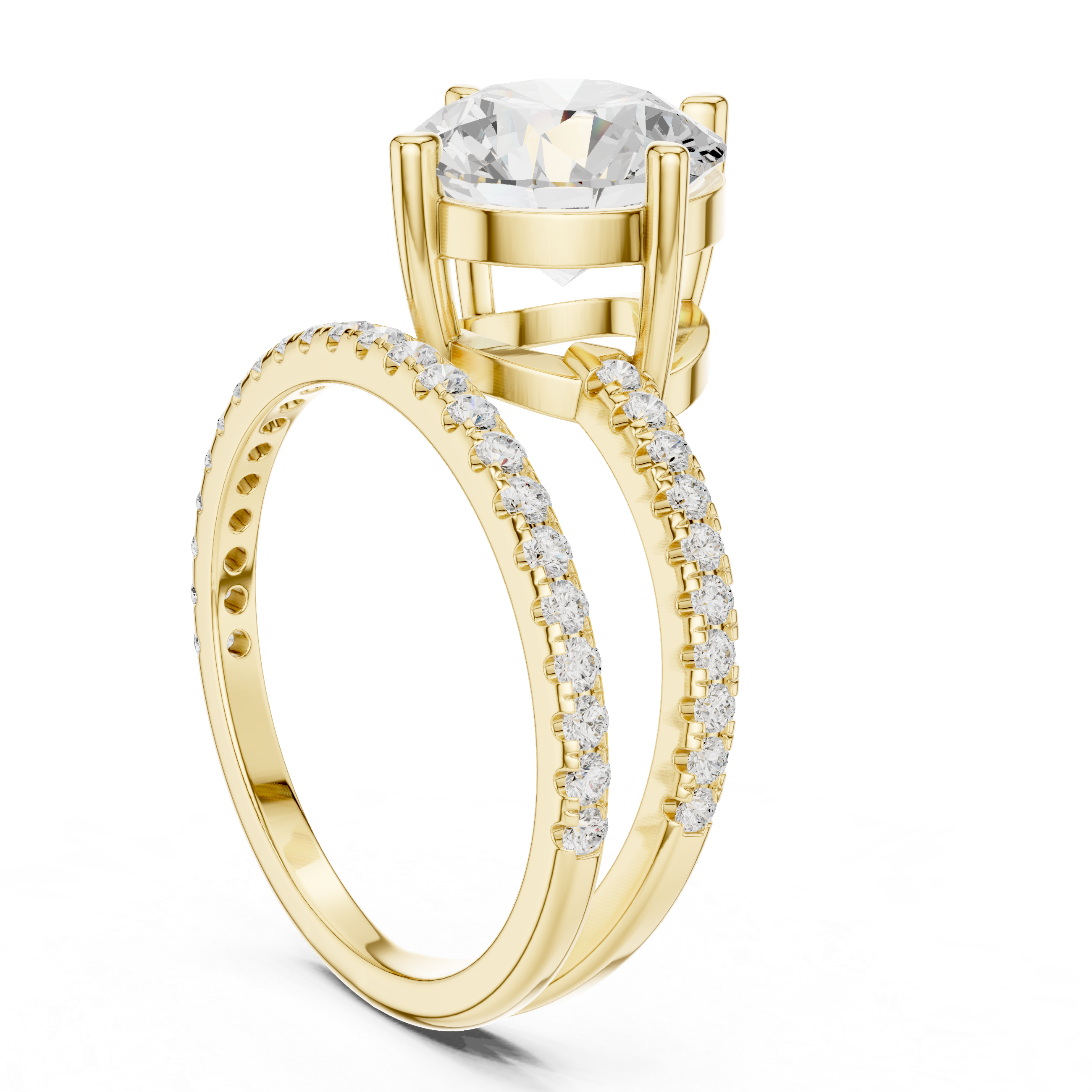 Split Shank Round Cut Solitaire Engagement Ring with Pavé Diamond Band