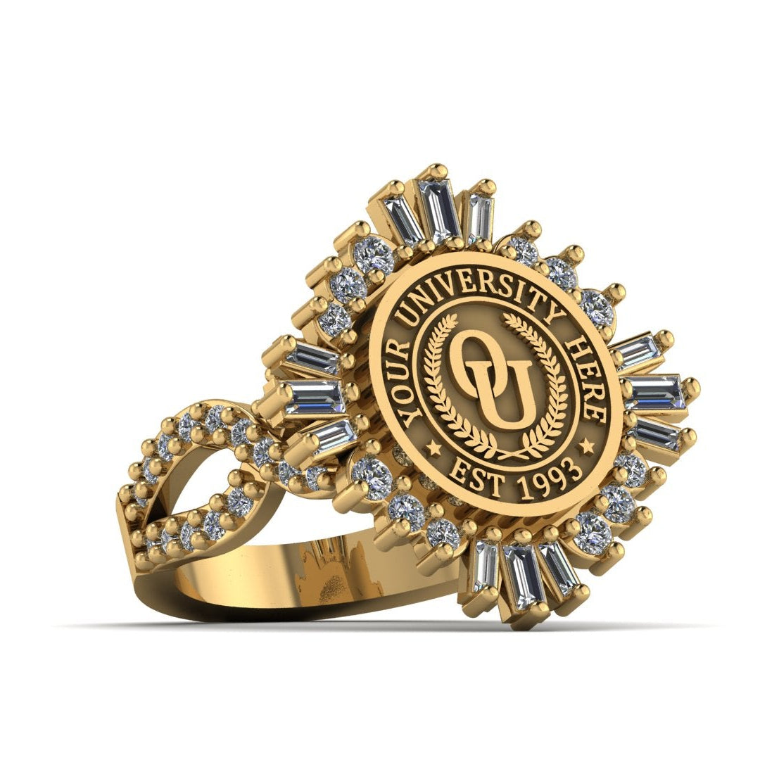 Gold ring with university emblem and gemstones on a white background