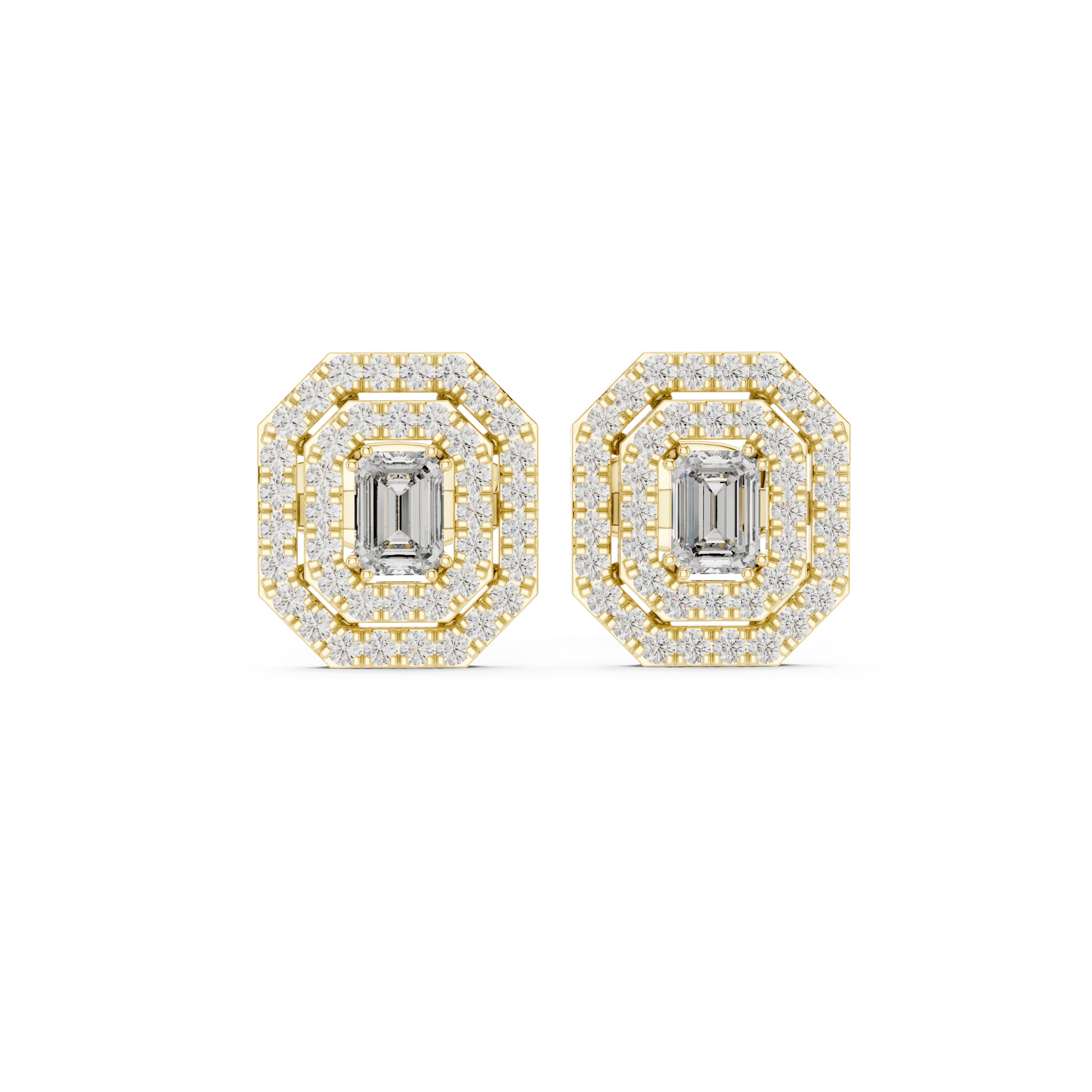 Emerald Cut Triple Halo Diamond Stud Earrings with Octagon Frame