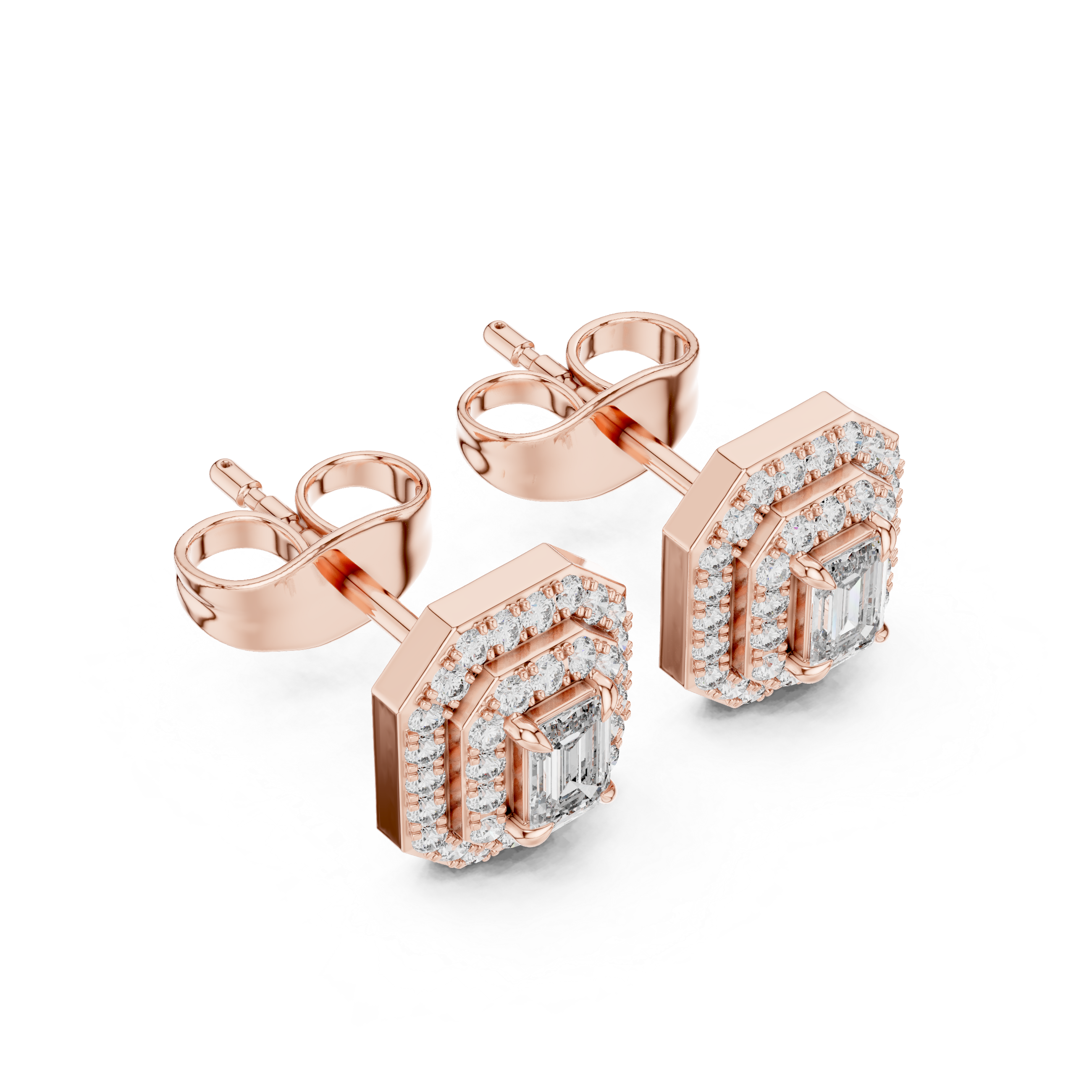 Emerald Cut Double Halo Diamond Stud Earrings with Octagon Frame