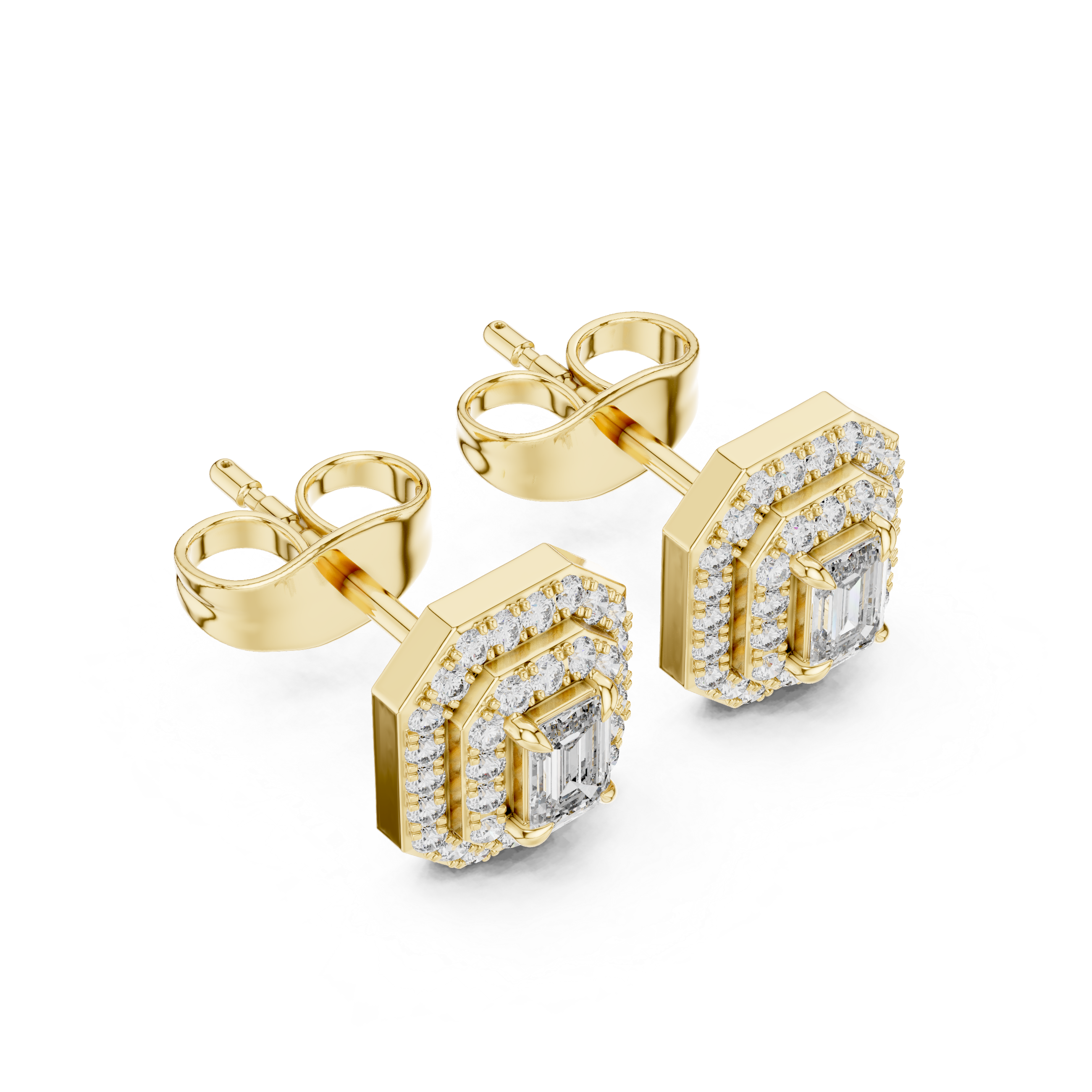 Emerald Cut Double Halo Diamond Stud Earrings with Octagon Frame