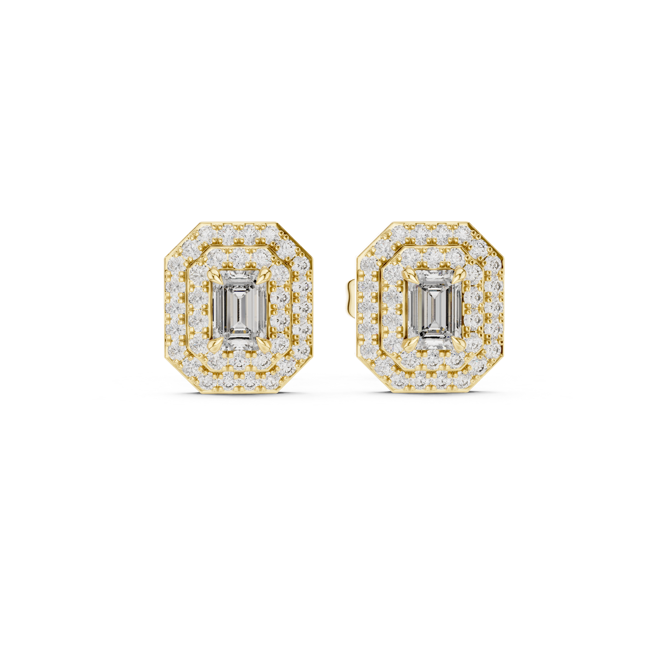 Emerald Cut Double Halo Diamond Stud Earrings with Octagon Frame