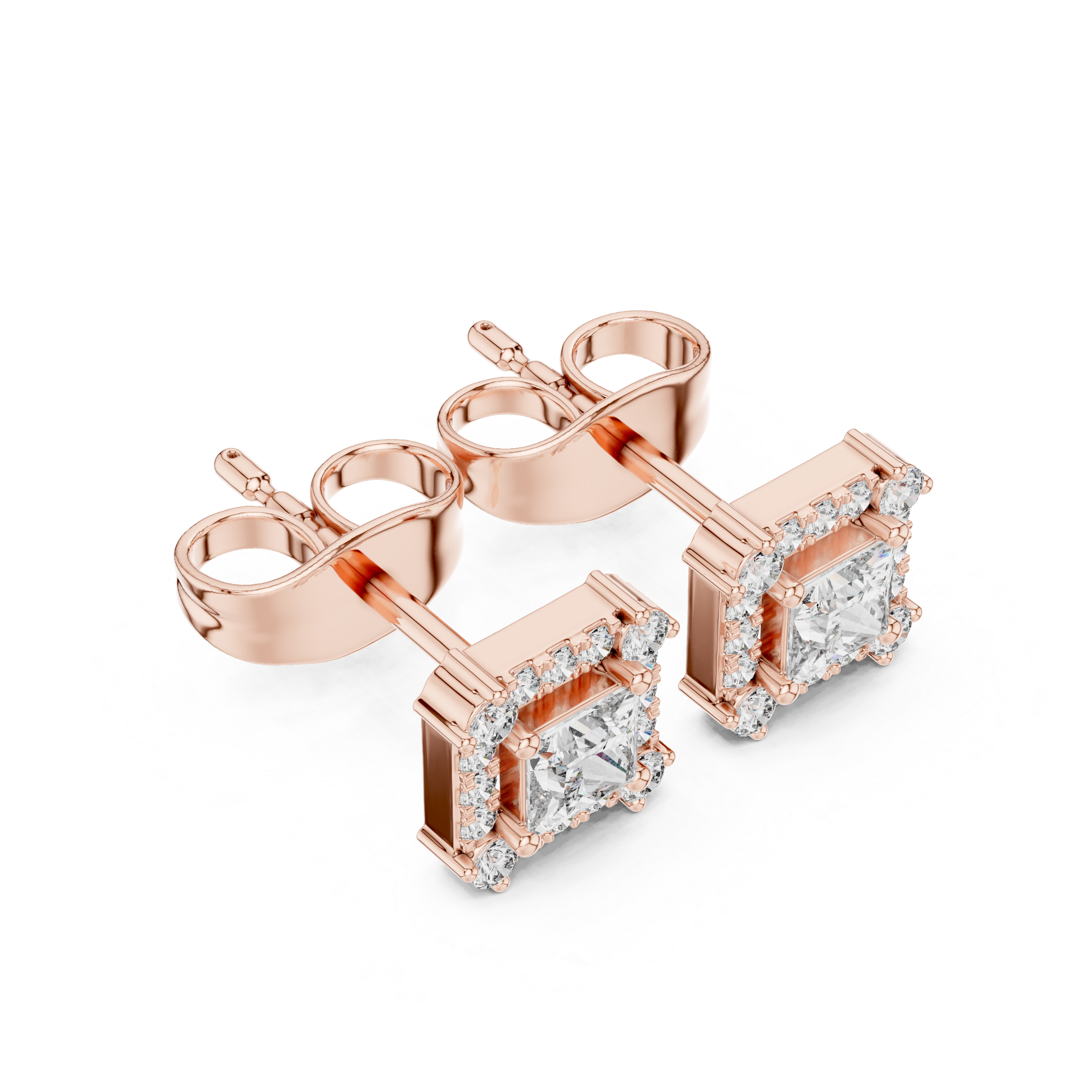 Princess Cut Halo Diamond Stud Earrings in Square Frame