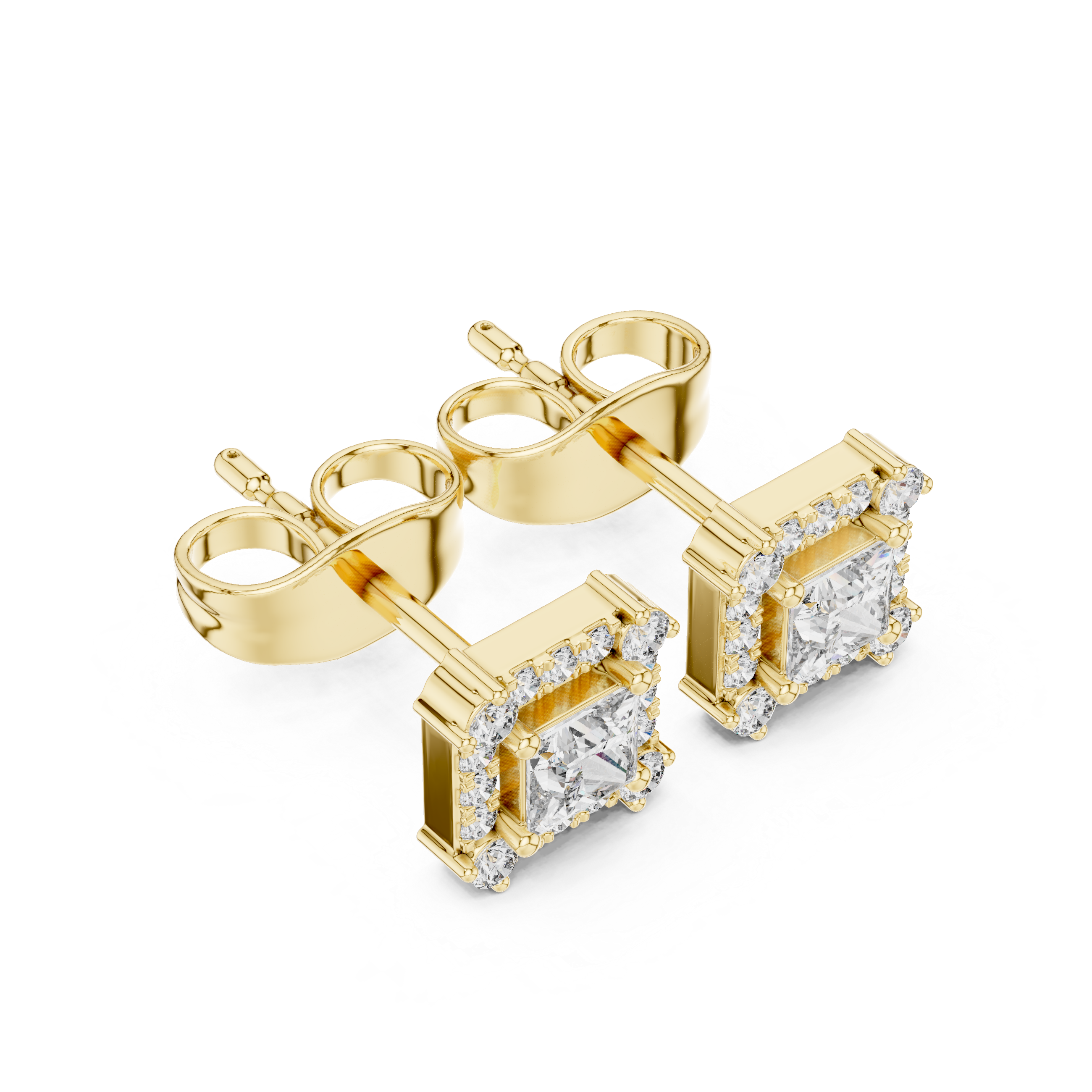 Princess Cut Halo Diamond Stud Earrings in Square Frame