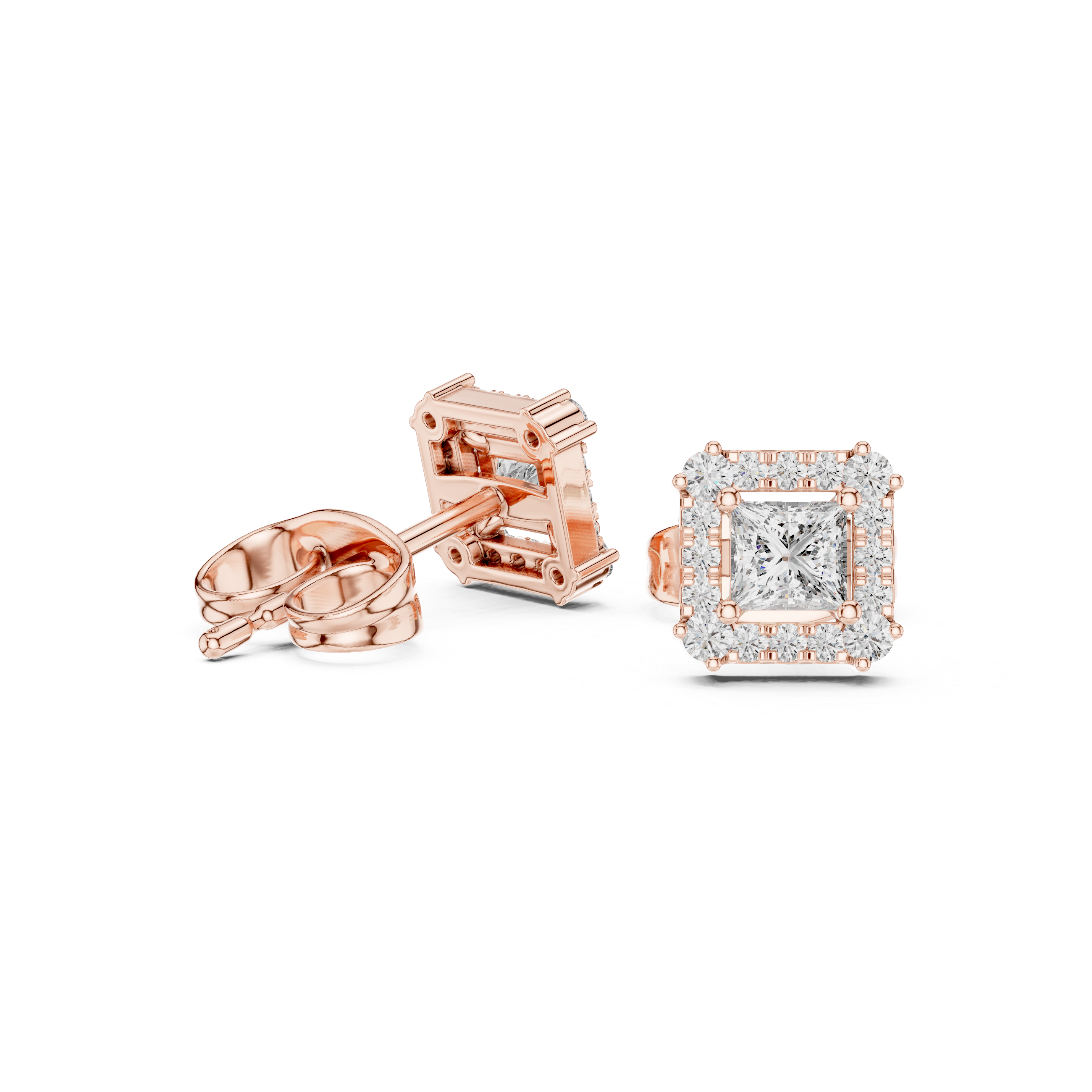 Princess Cut Halo Diamond Stud Earrings in Square Frame