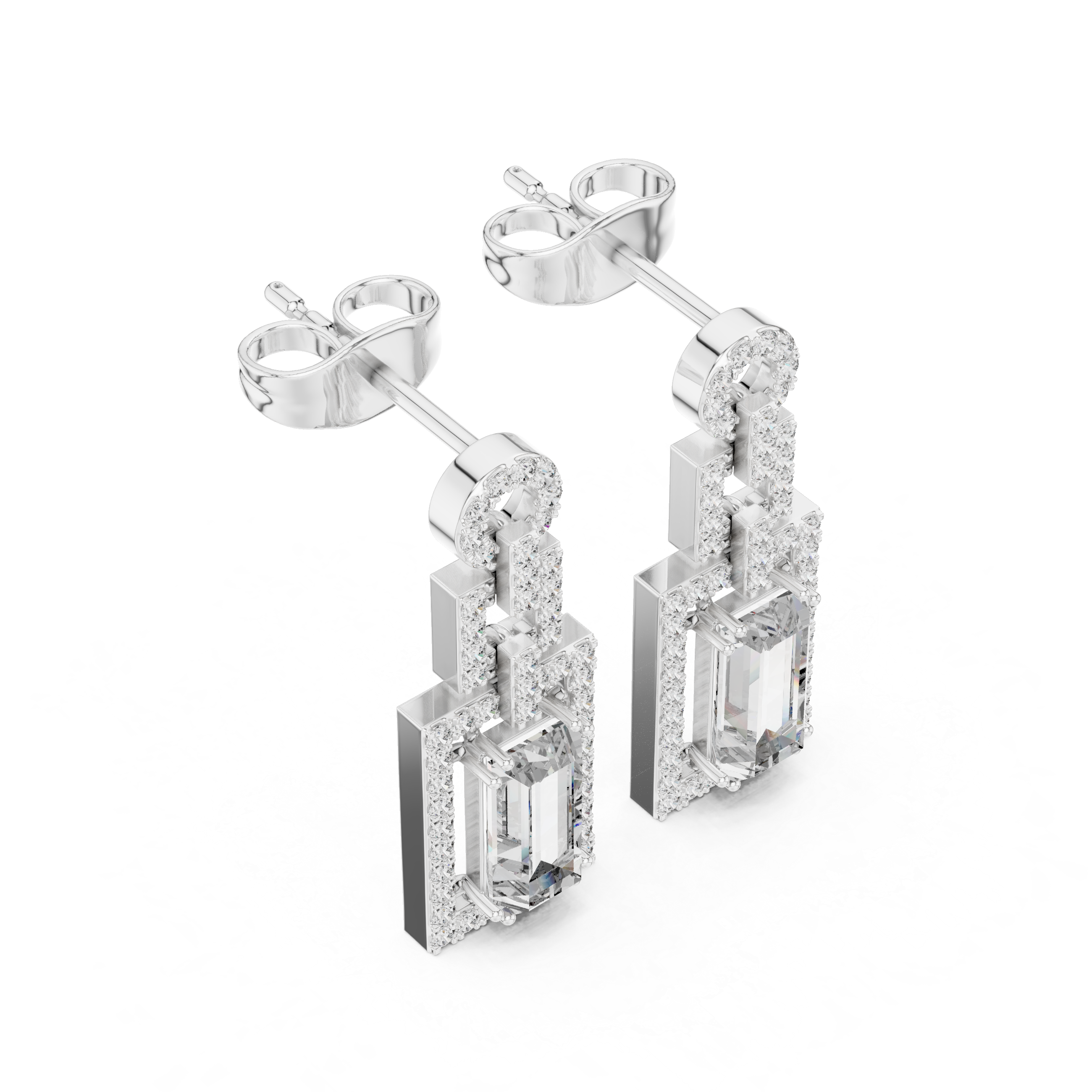 Geometric Halo Emerald Cut Diamond Drop Earrings
