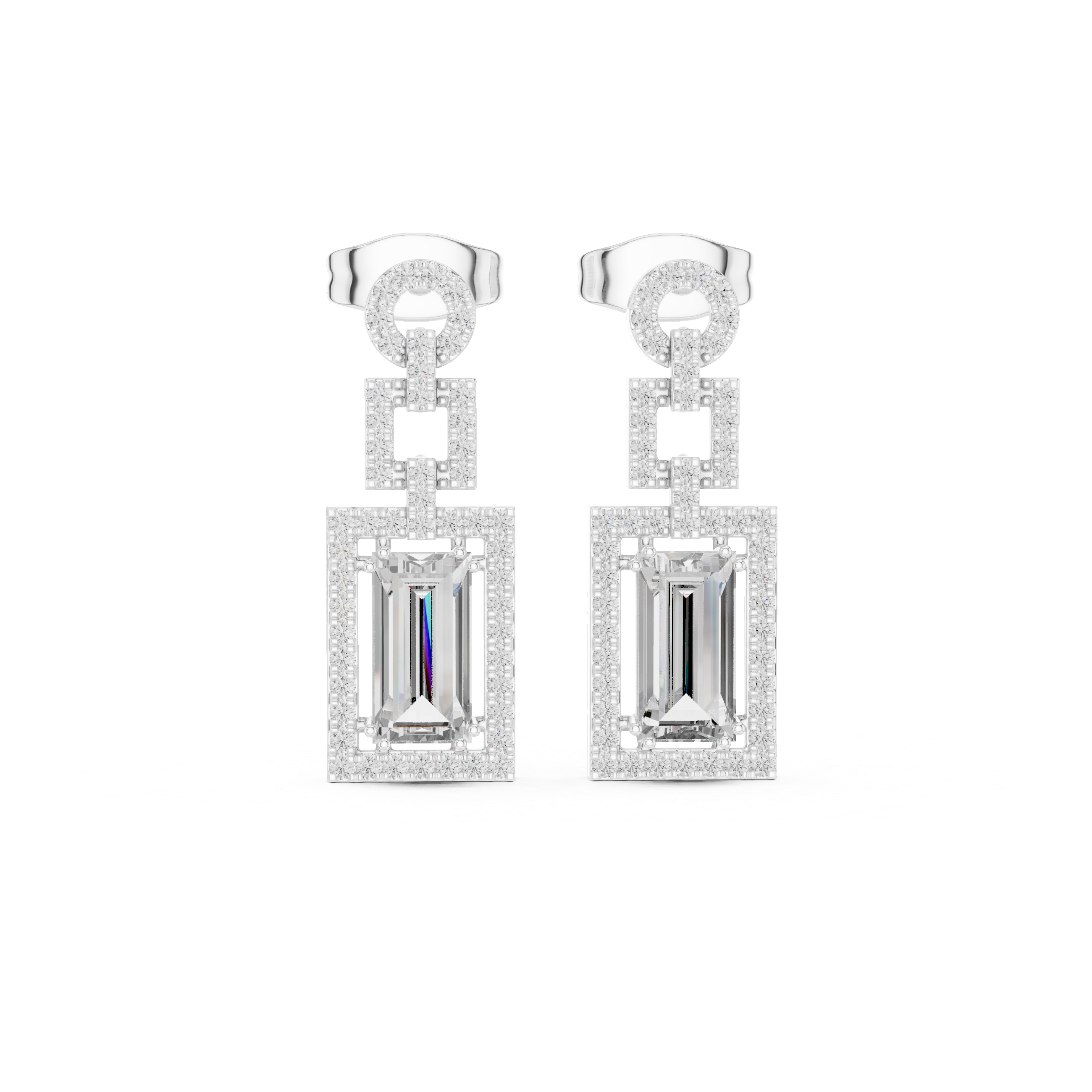 Geometric Halo Emerald Cut Diamond Drop Earrings