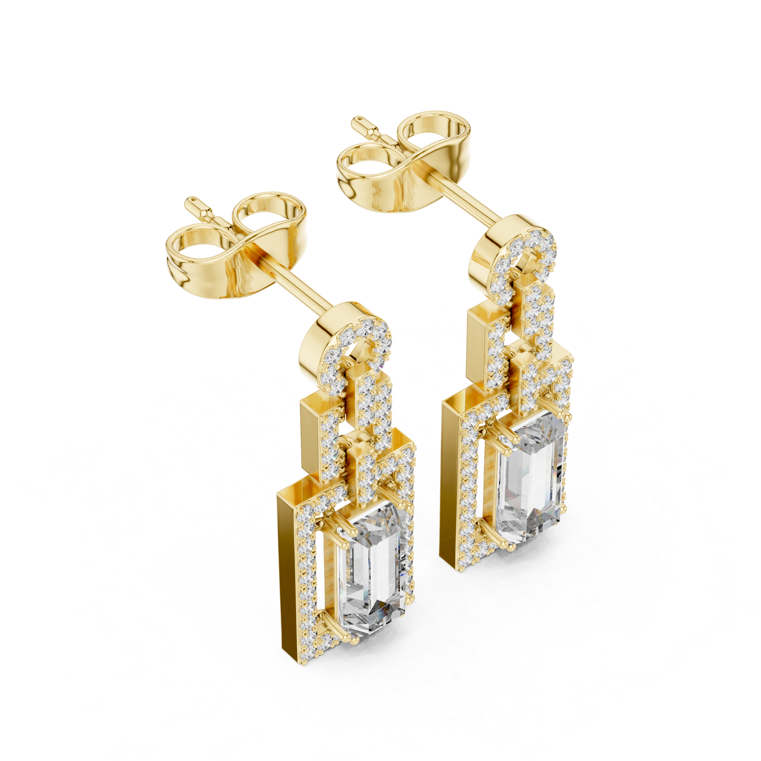 Geometric Halo Emerald Cut Diamond Drop Earrings