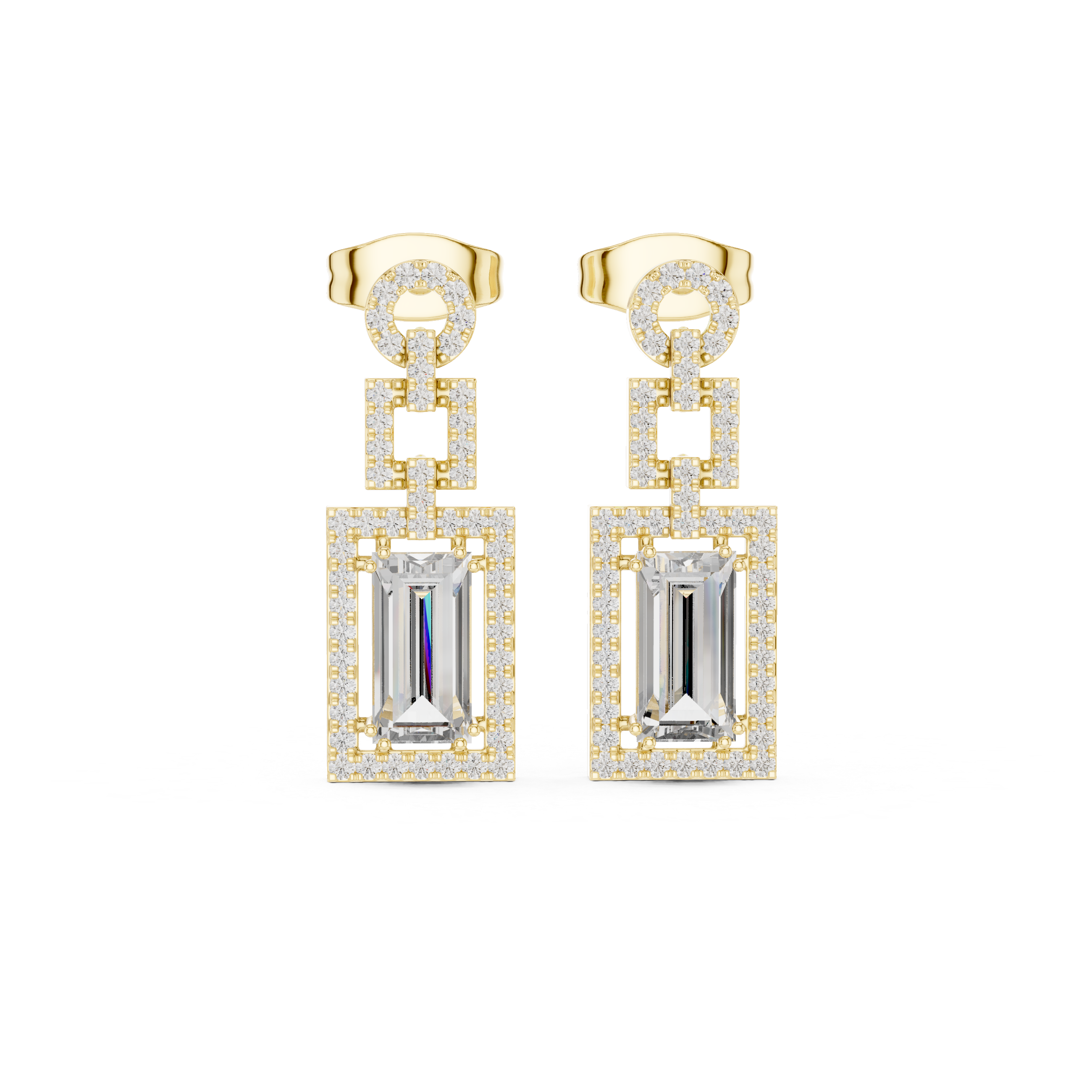 Geometric Halo Emerald Cut Diamond Drop Earrings