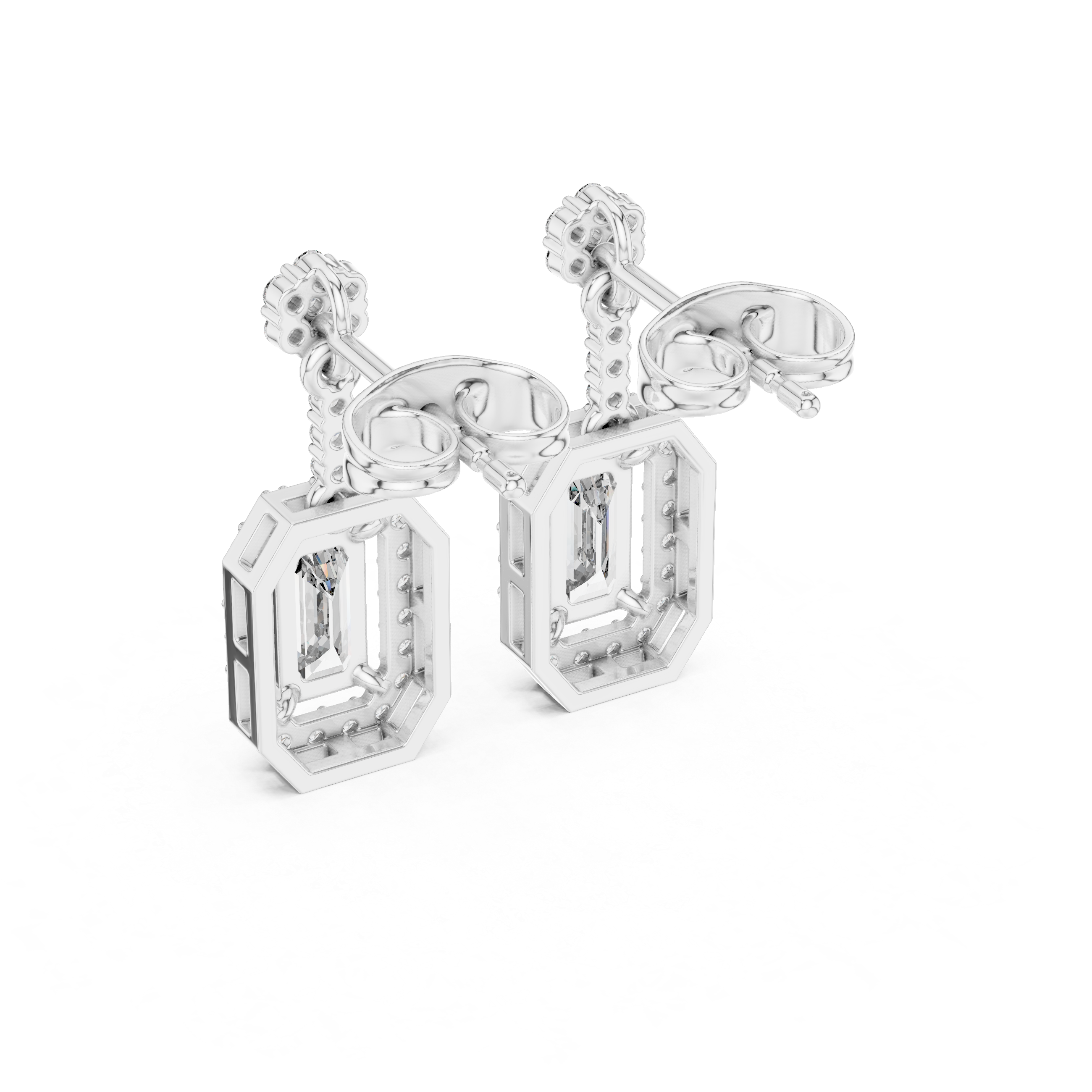 Emerald Cut Halo Drop Earrings with Pavé Diamond Top