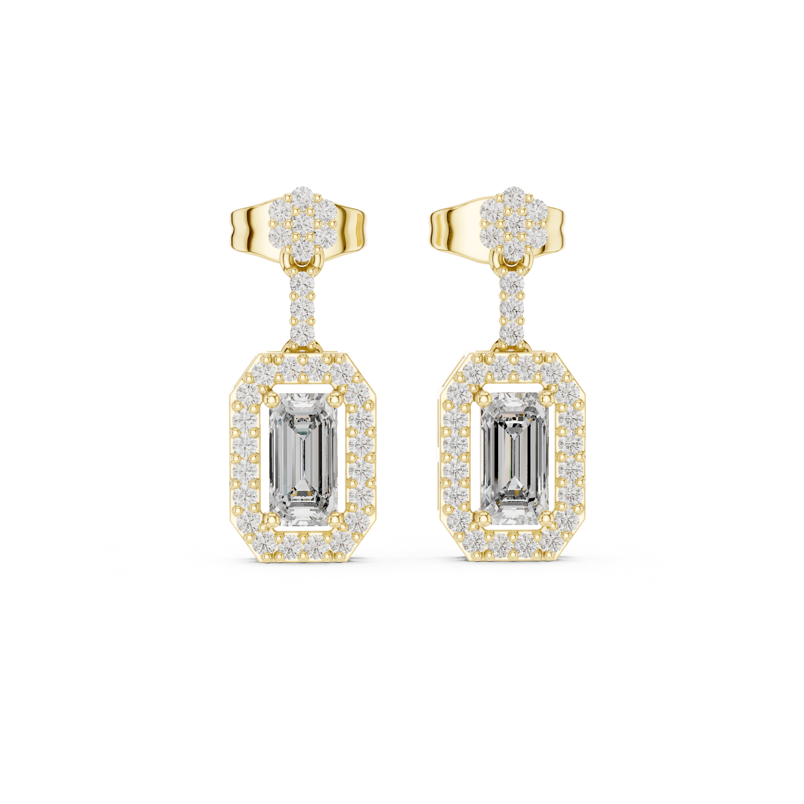 Emerald Cut Halo Drop Earrings with Pavé Diamond Top