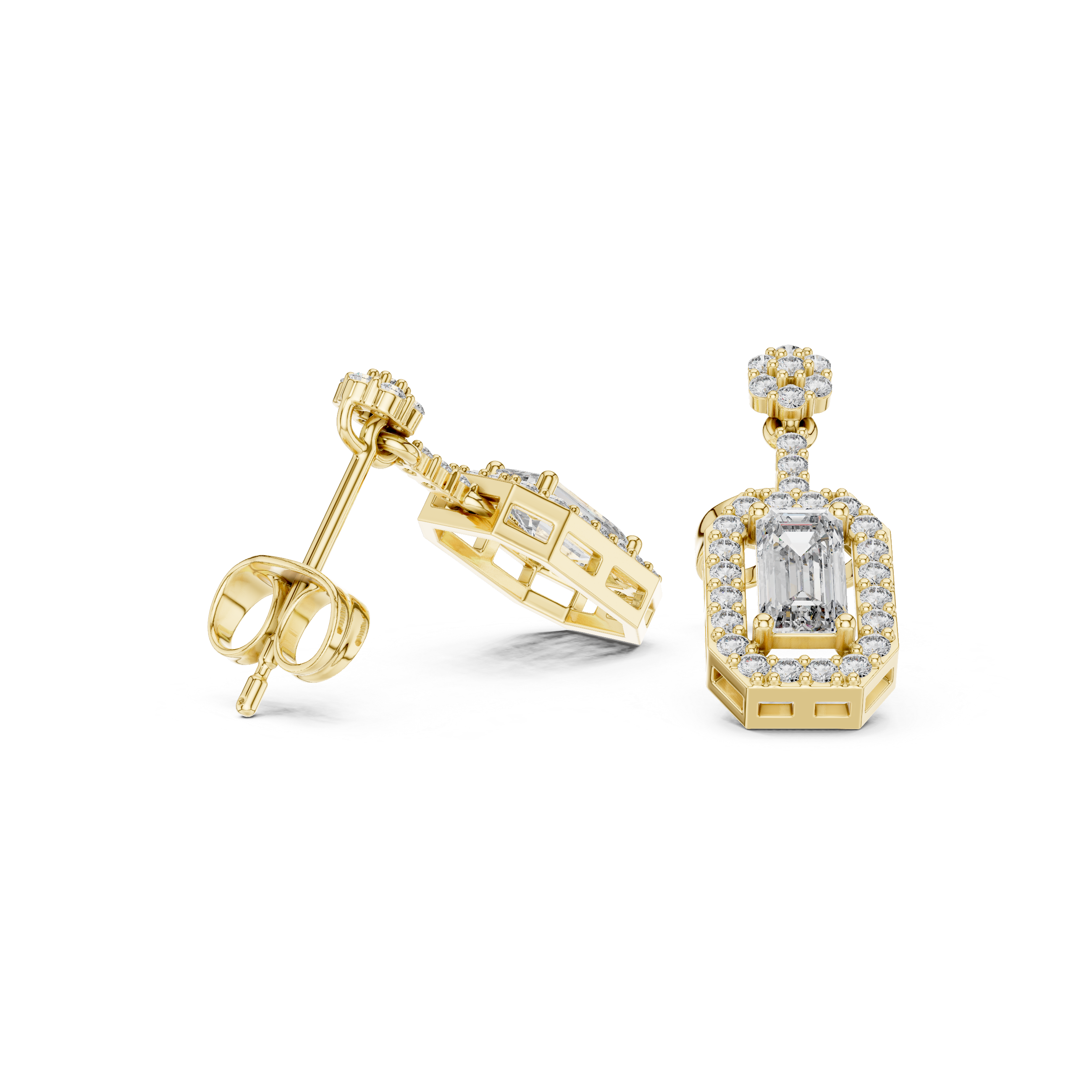 Emerald Cut Halo Drop Earrings with Pavé Diamond Top
