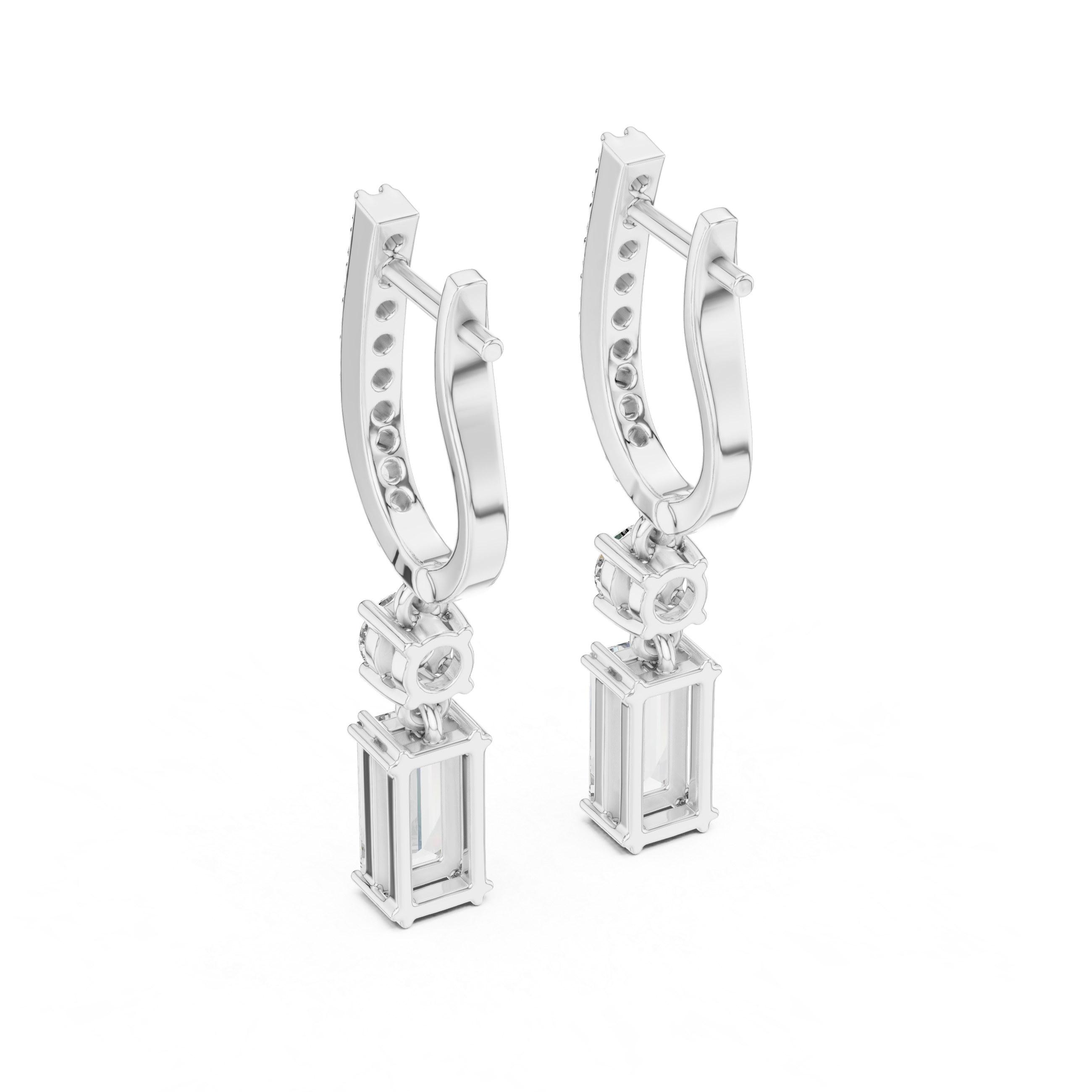 Emerald Cut Drop Earrings with Pavé Bar and Round Diamond Connector
