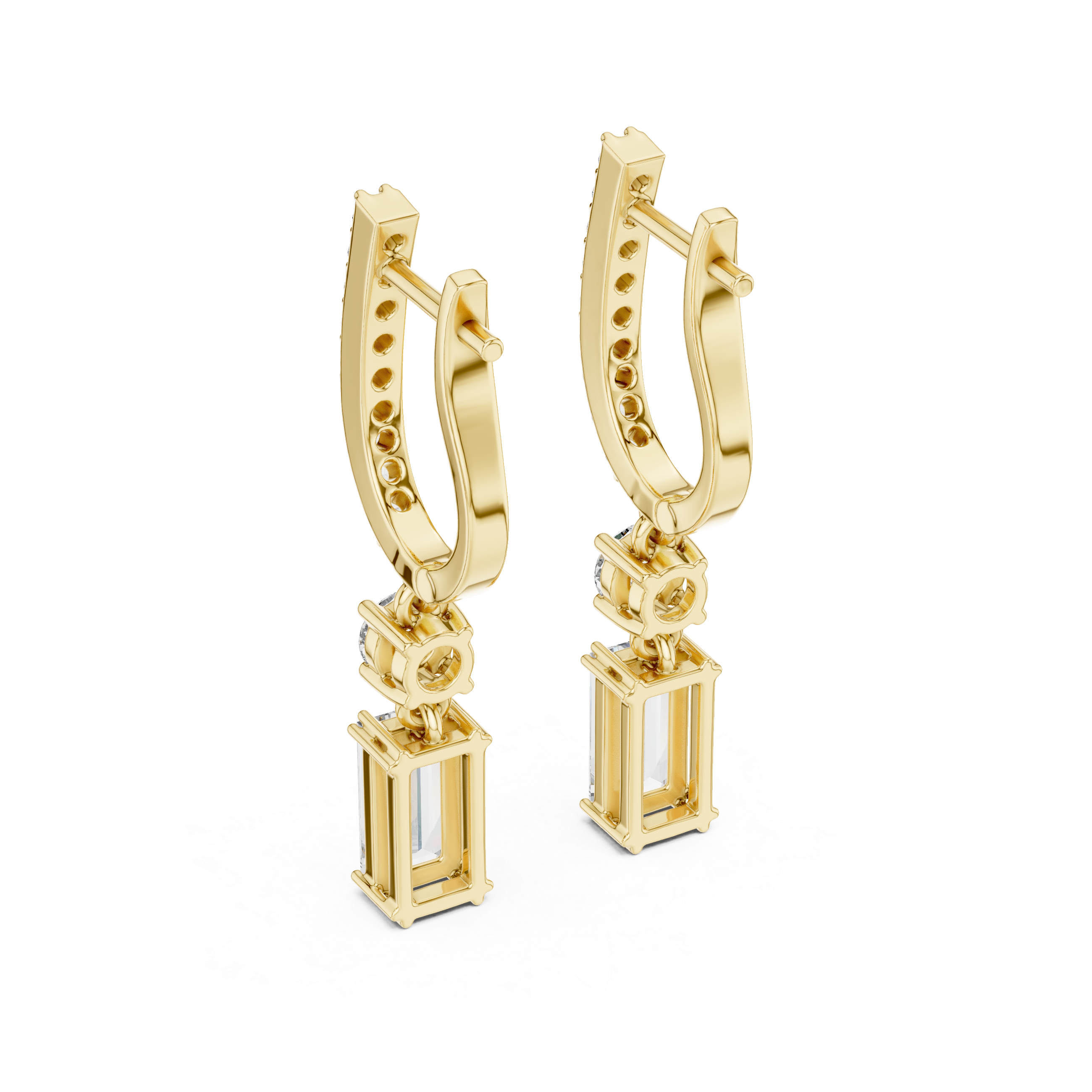 Emerald Cut Drop Earrings with Pavé Bar and Round Diamond Connector
