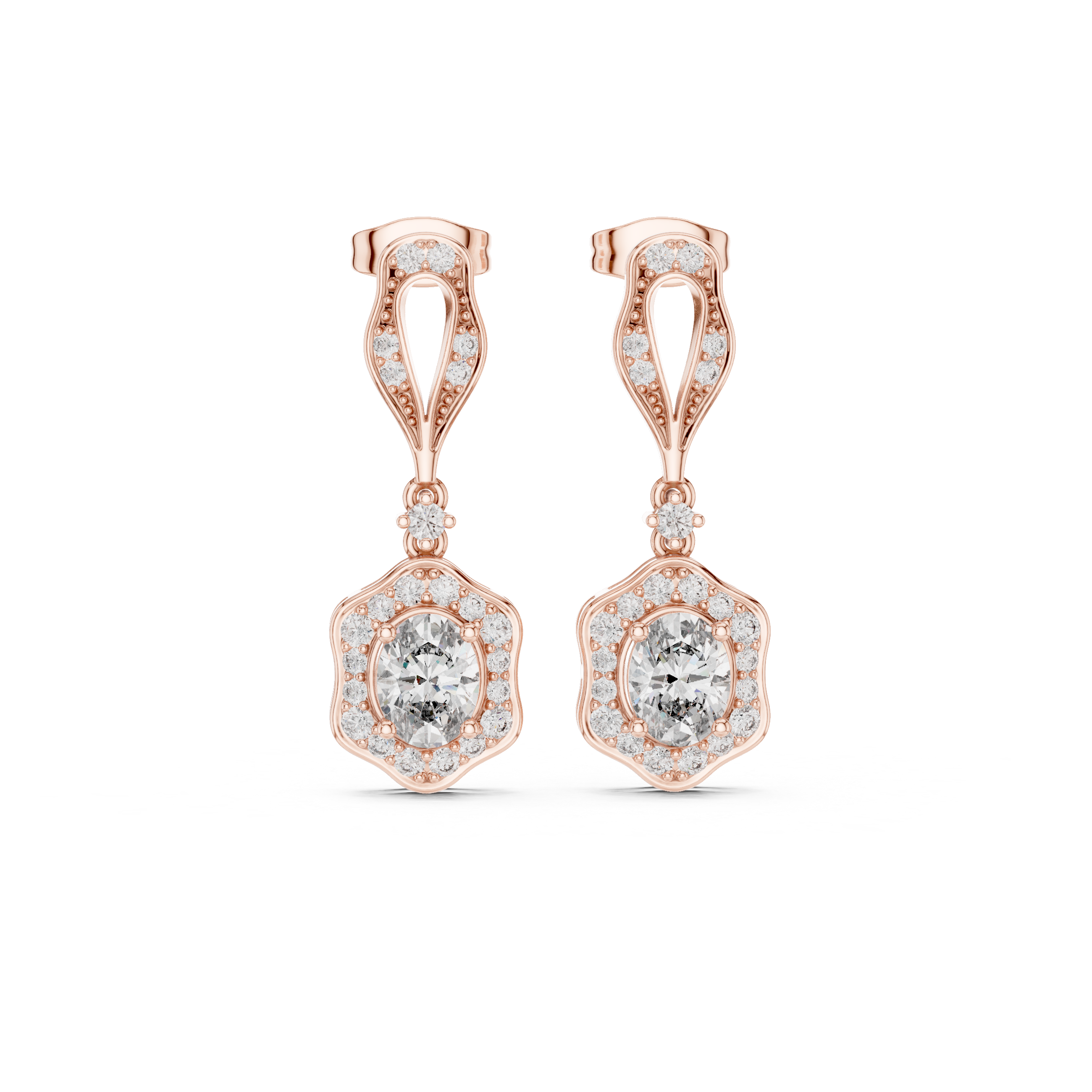 Vintage Oval Halo Drop Earrings with Pavé Diamond Accents