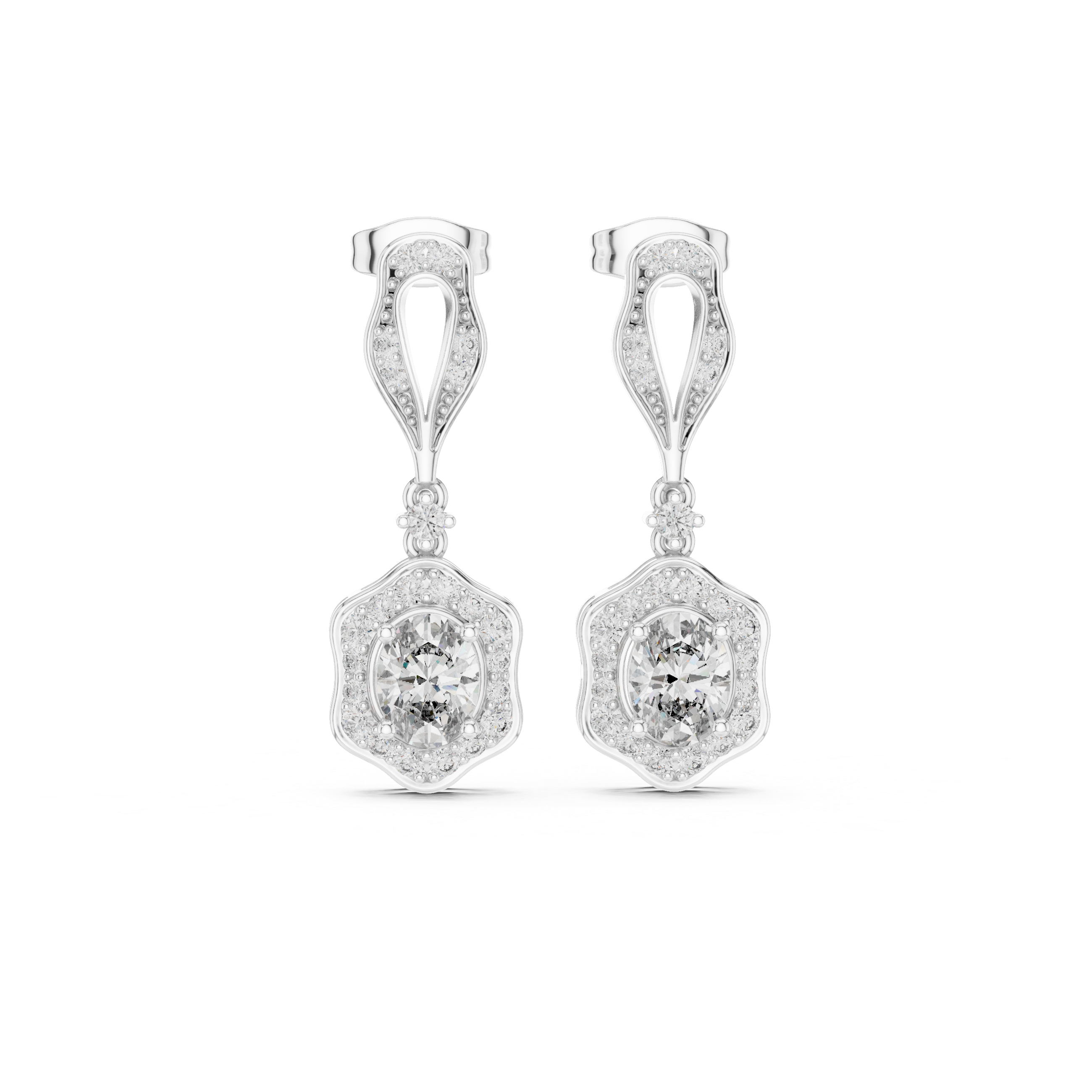 Vintage Oval Halo Drop Earrings with Pavé Diamond Accents