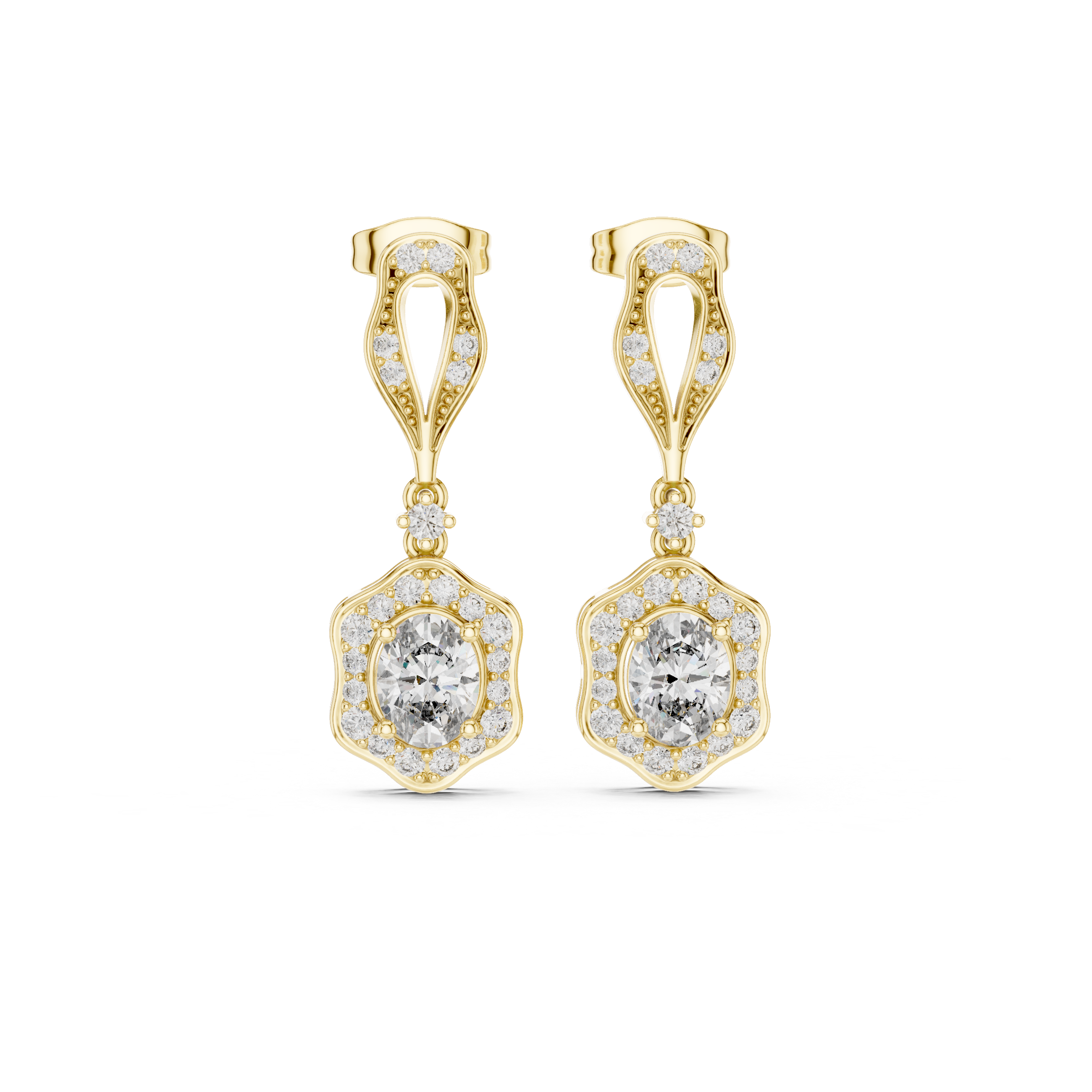 Vintage Oval Halo Drop Earrings with Pavé Diamond Accents
