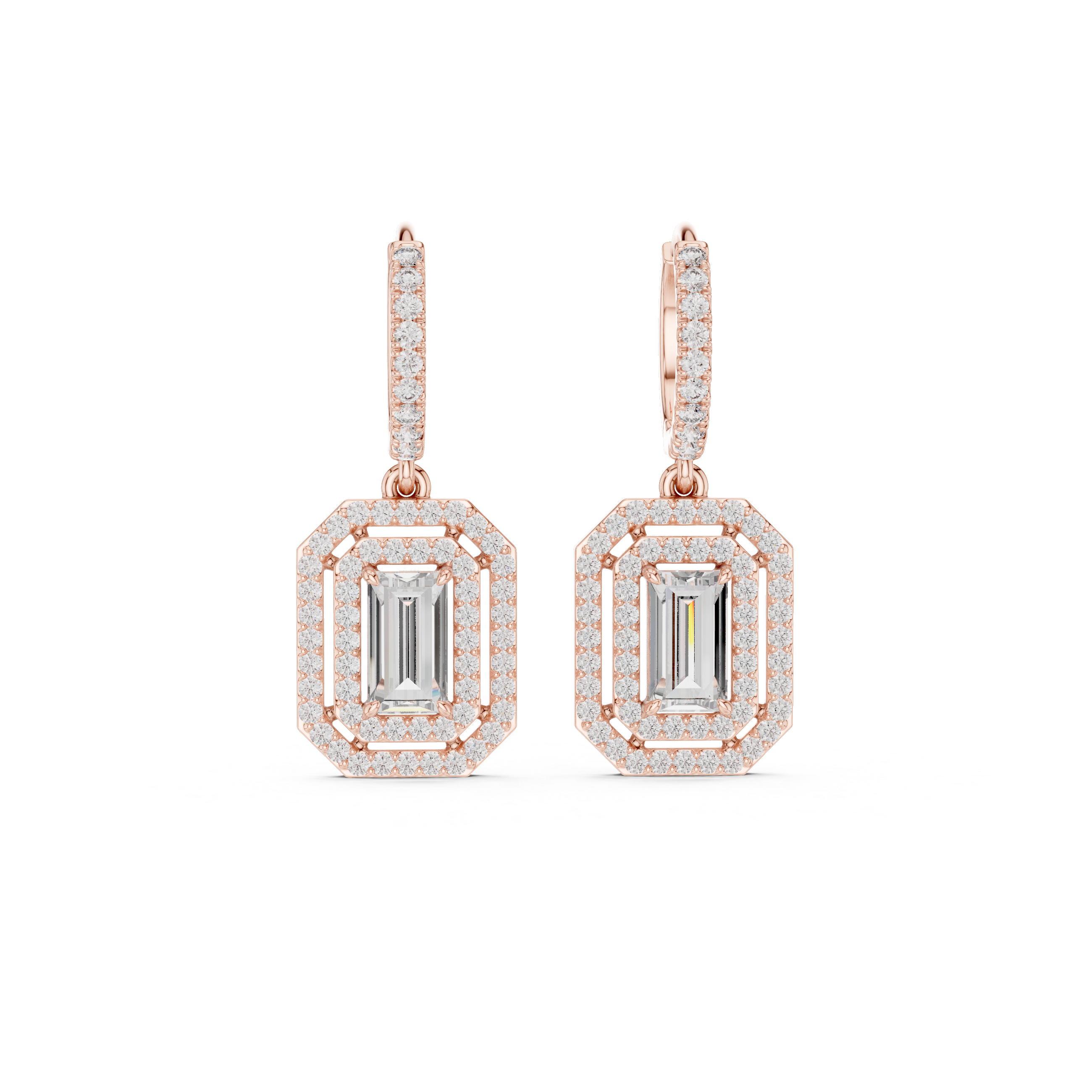 Emerald Cut Halo Drop Hoop Earrings