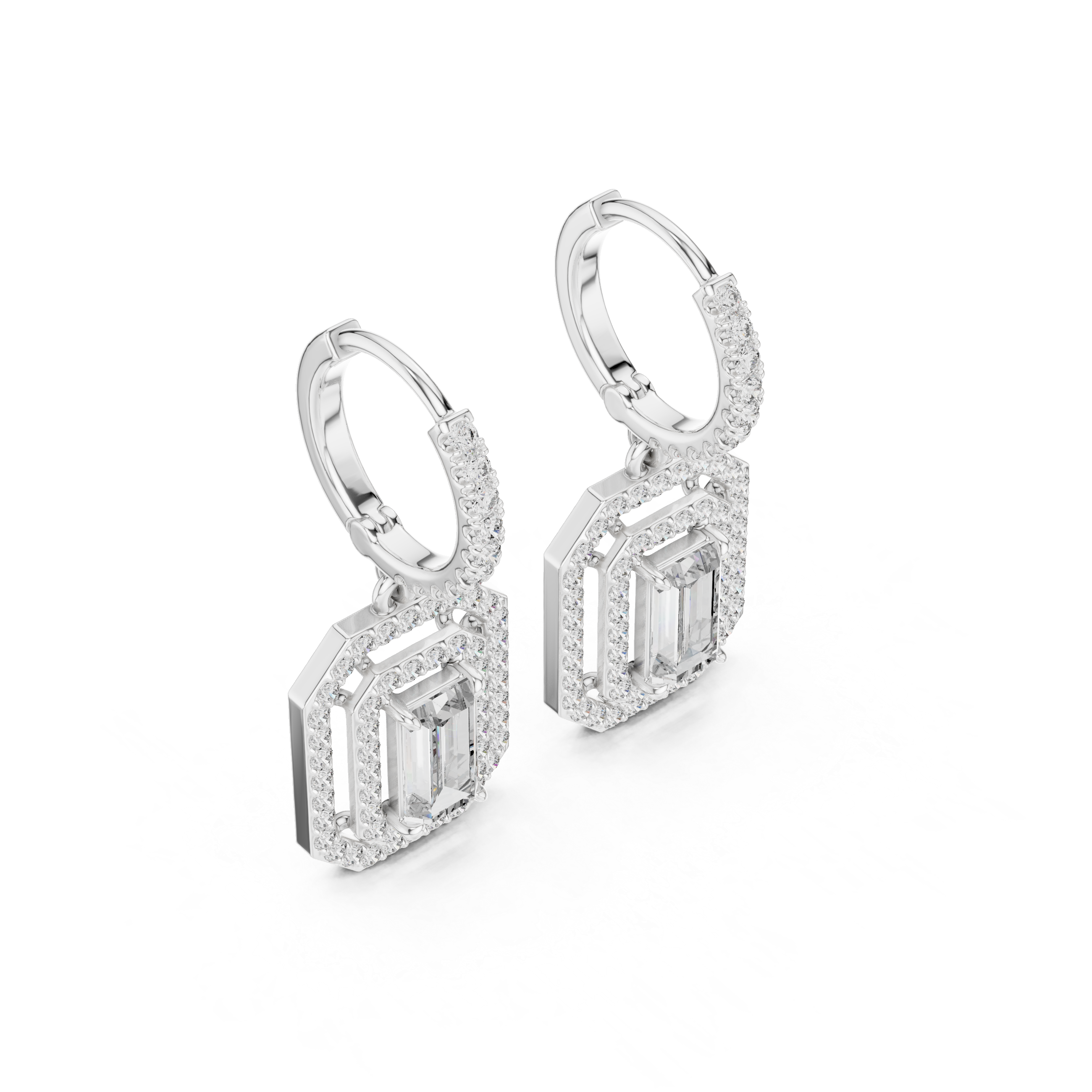 Emerald Cut Halo Drop Hoop Earrings