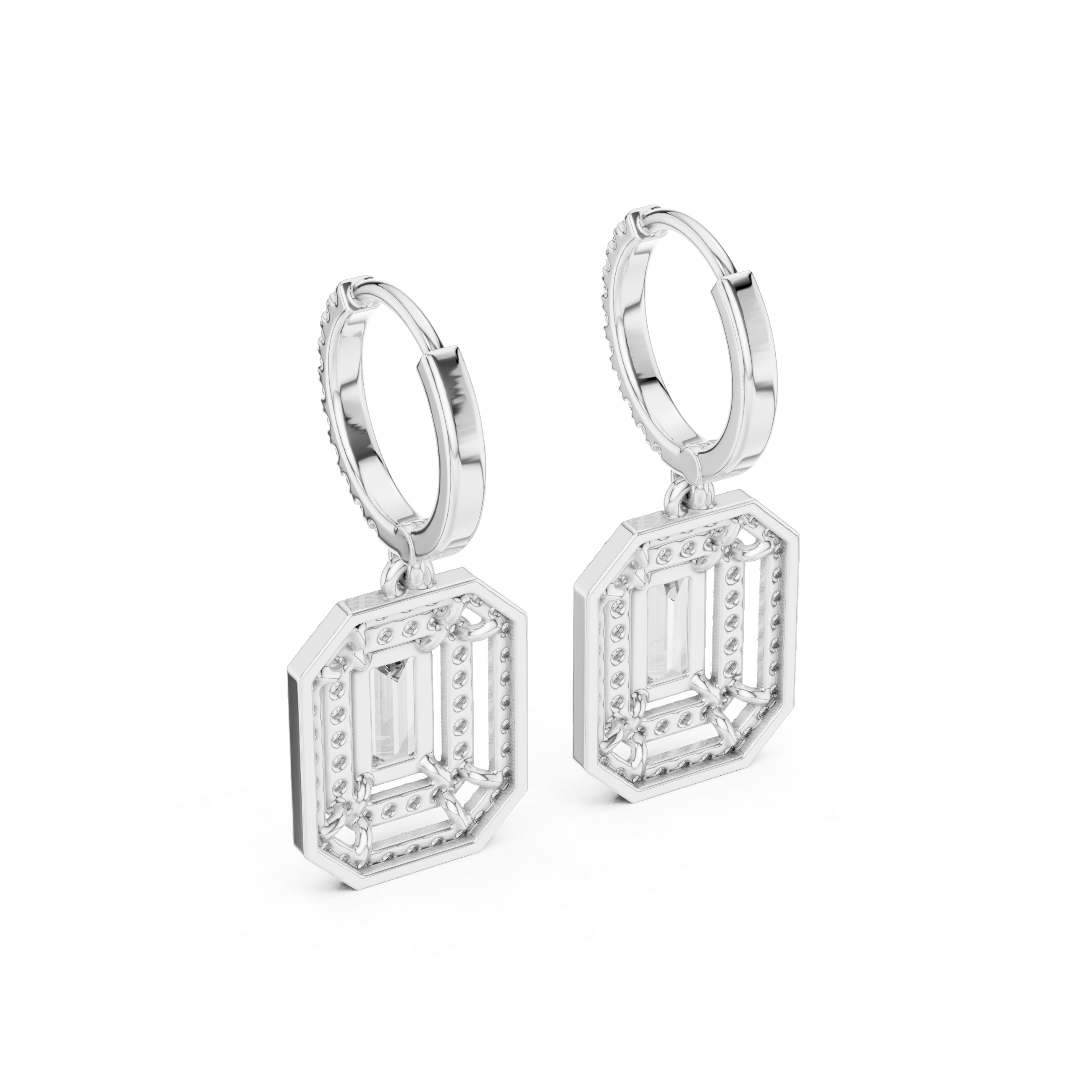 Emerald Cut Halo Drop Hoop Earrings