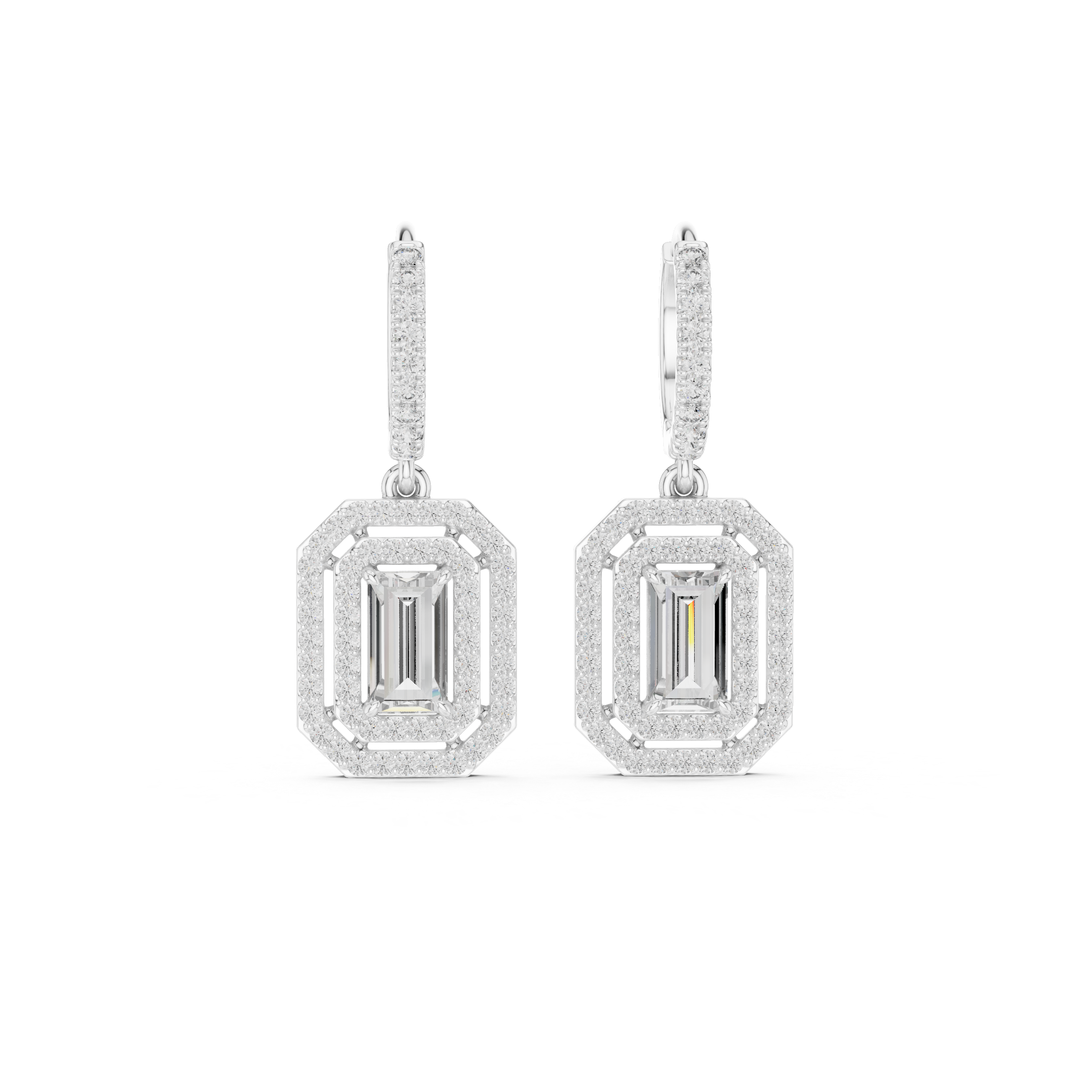 Emerald Cut Halo Drop Hoop Earrings