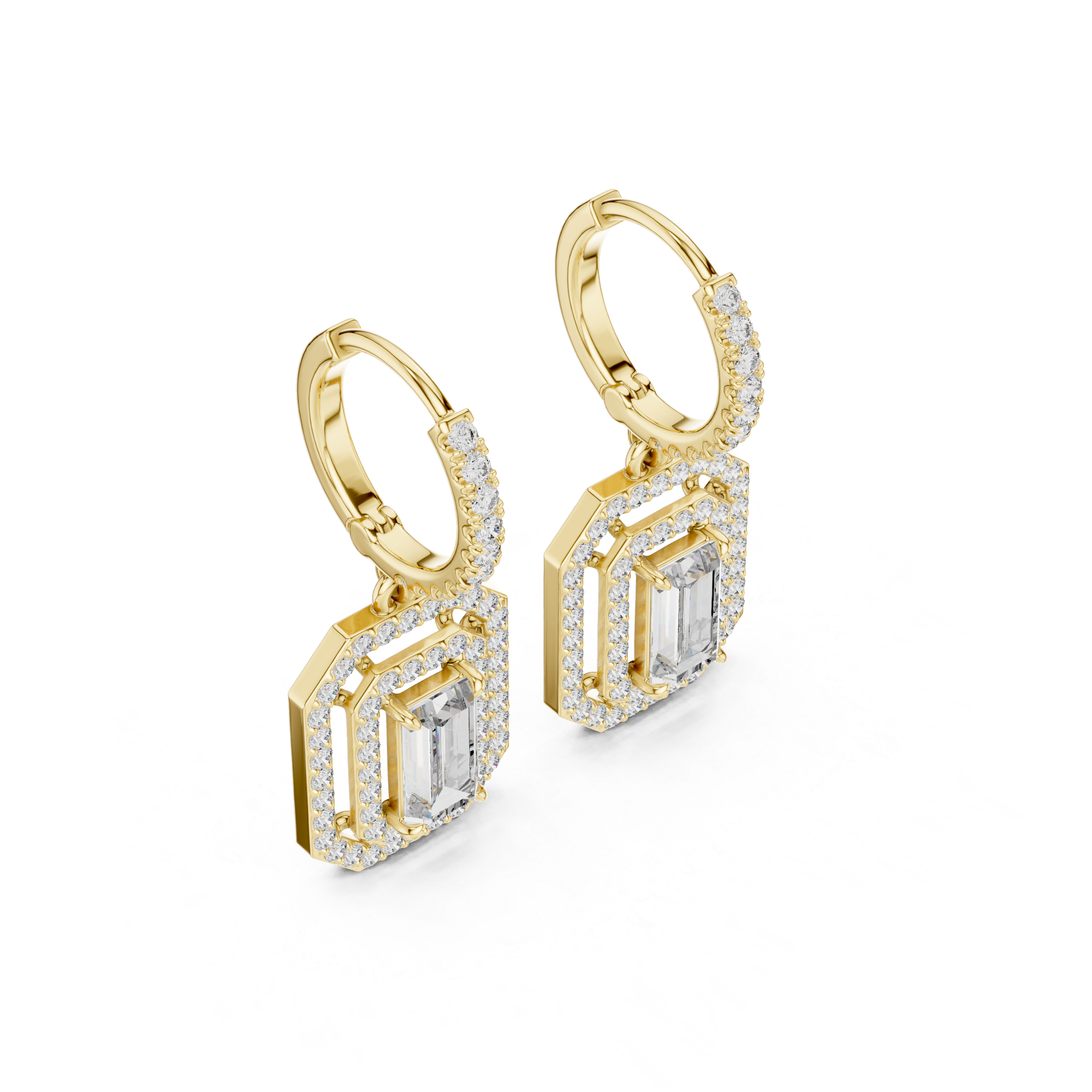 Emerald Cut Halo Drop Hoop Earrings