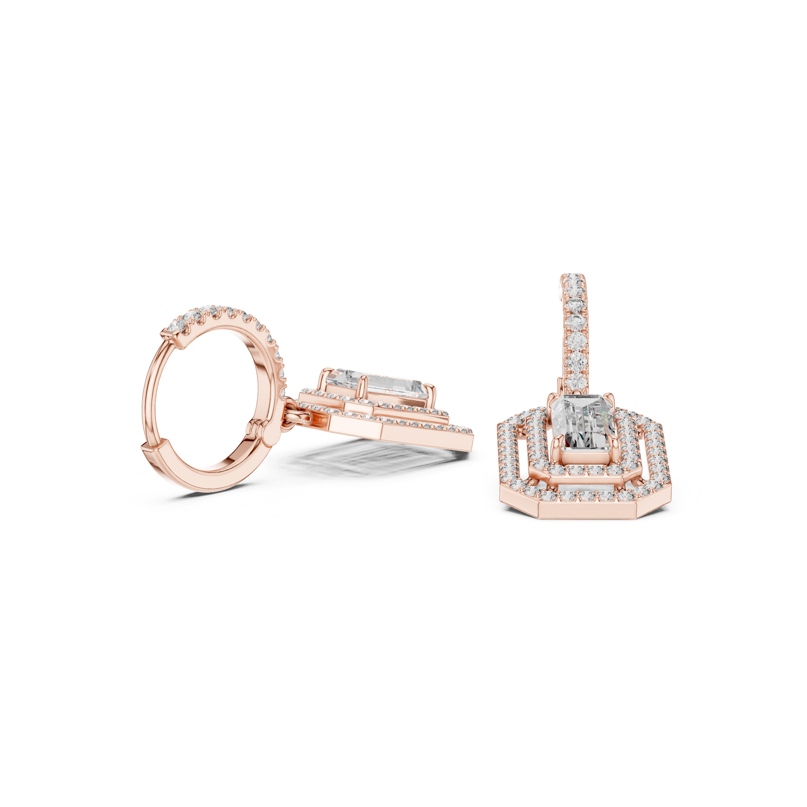 Emerald Cut Halo Drop Hoop Earrings