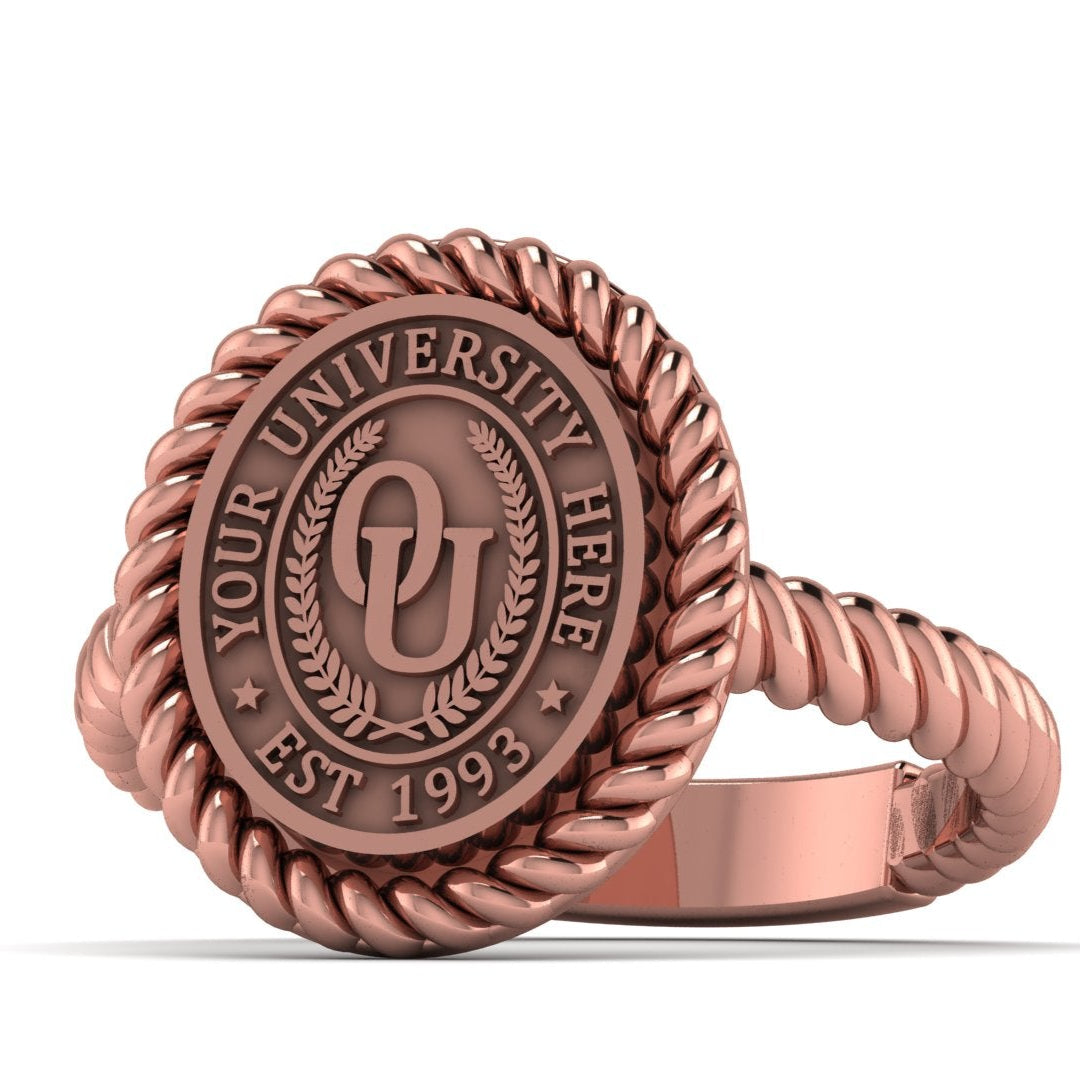 Rose gold ring with a personalized university seal design on a white background