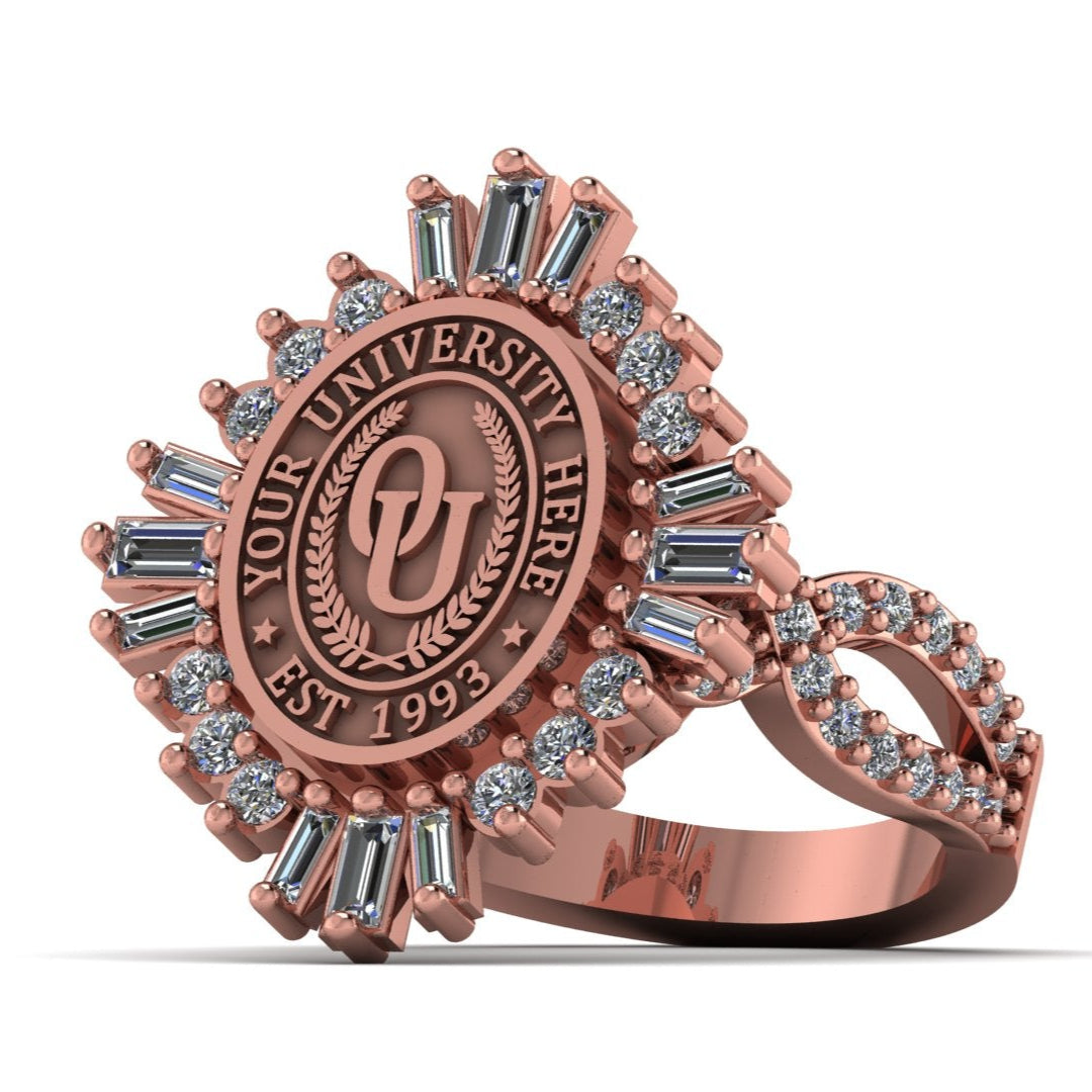 Rose gold ring with gemstones and 'Your University Here' engraving on a white background