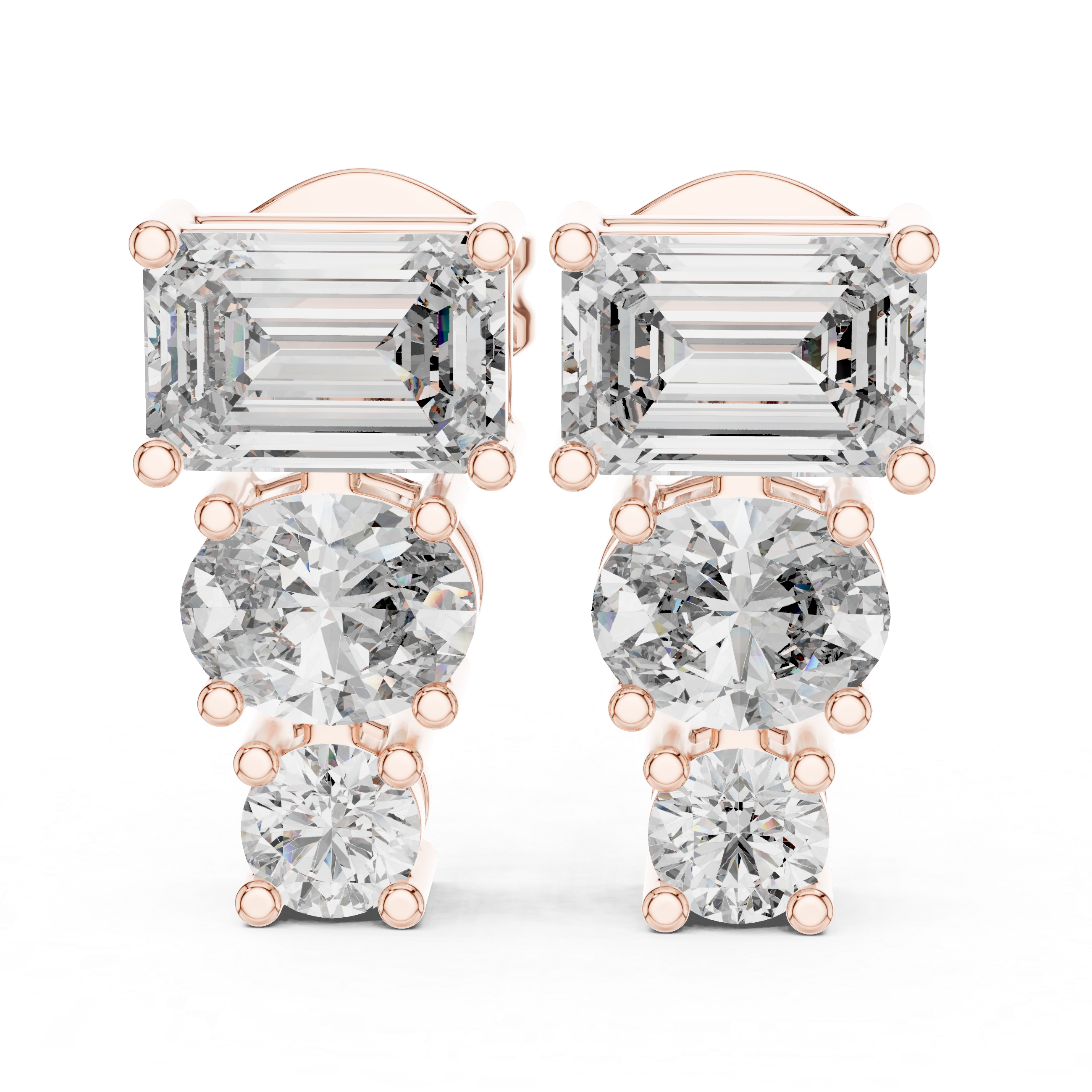 Emerald Cut & Round Diamond Drop Earrings in Gold