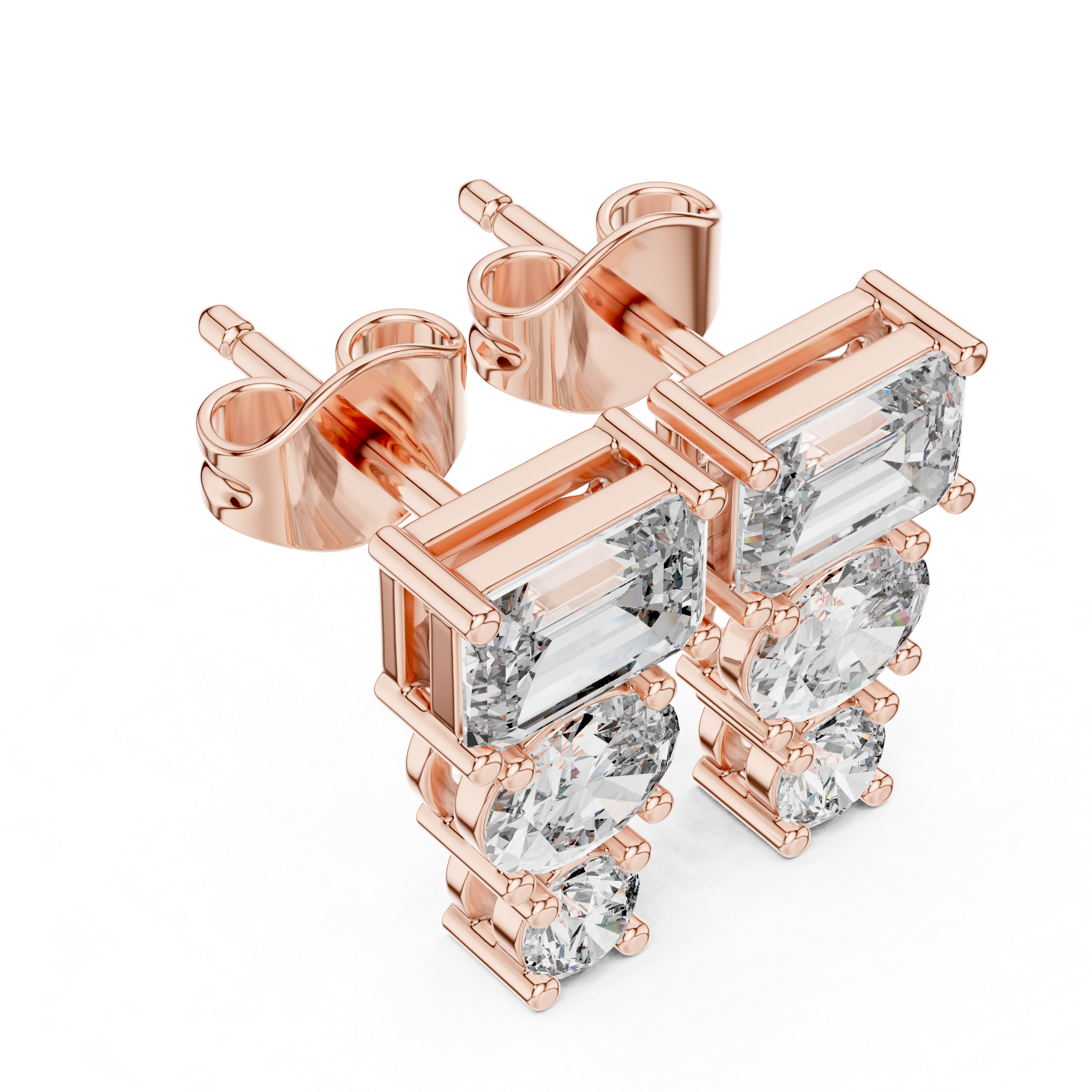 Emerald Cut & Round Diamond Drop Earrings in Gold