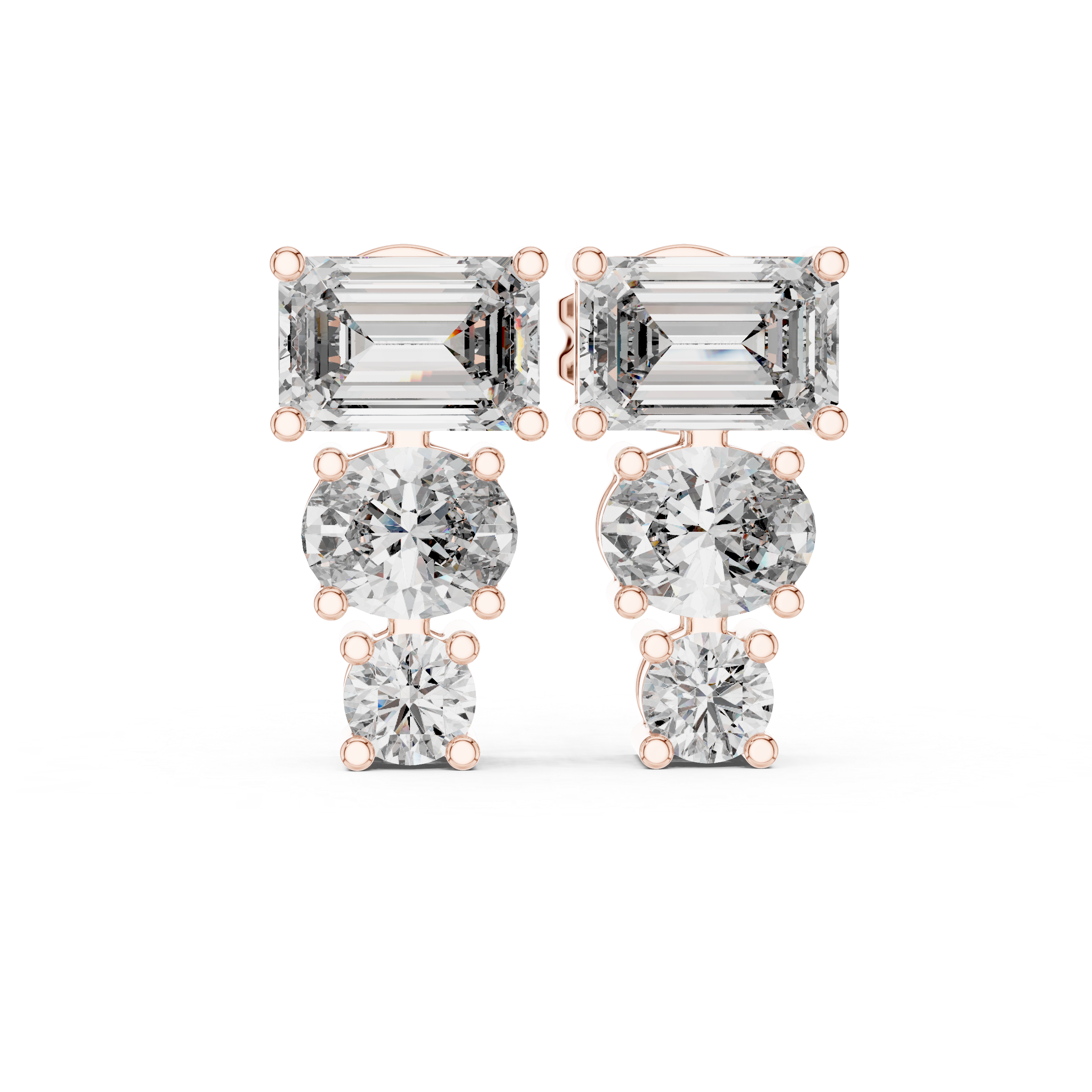 Emerald Cut & Round Diamond Drop Earrings in Gold