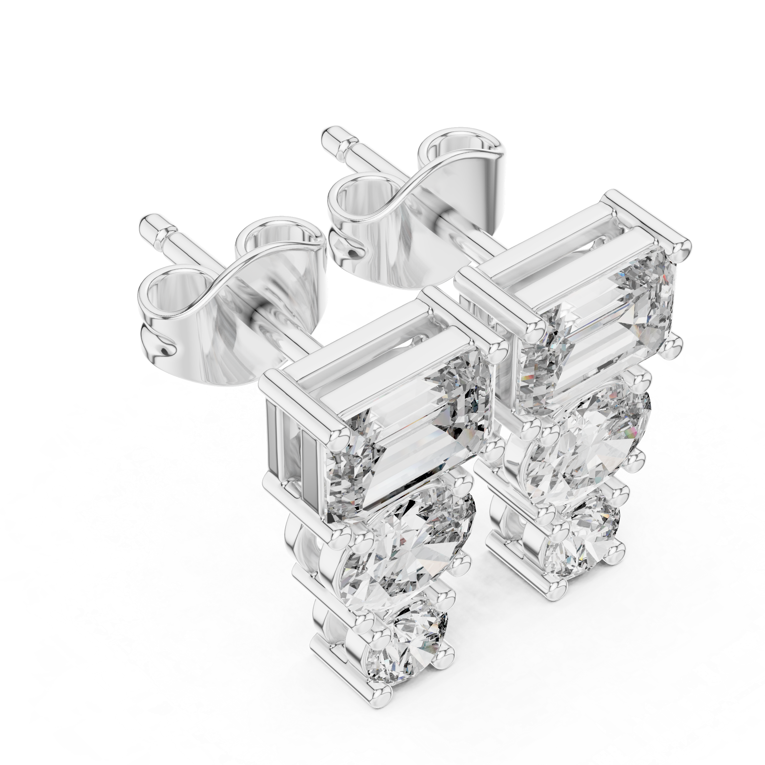Emerald Cut & Round Diamond Drop Earrings in Gold