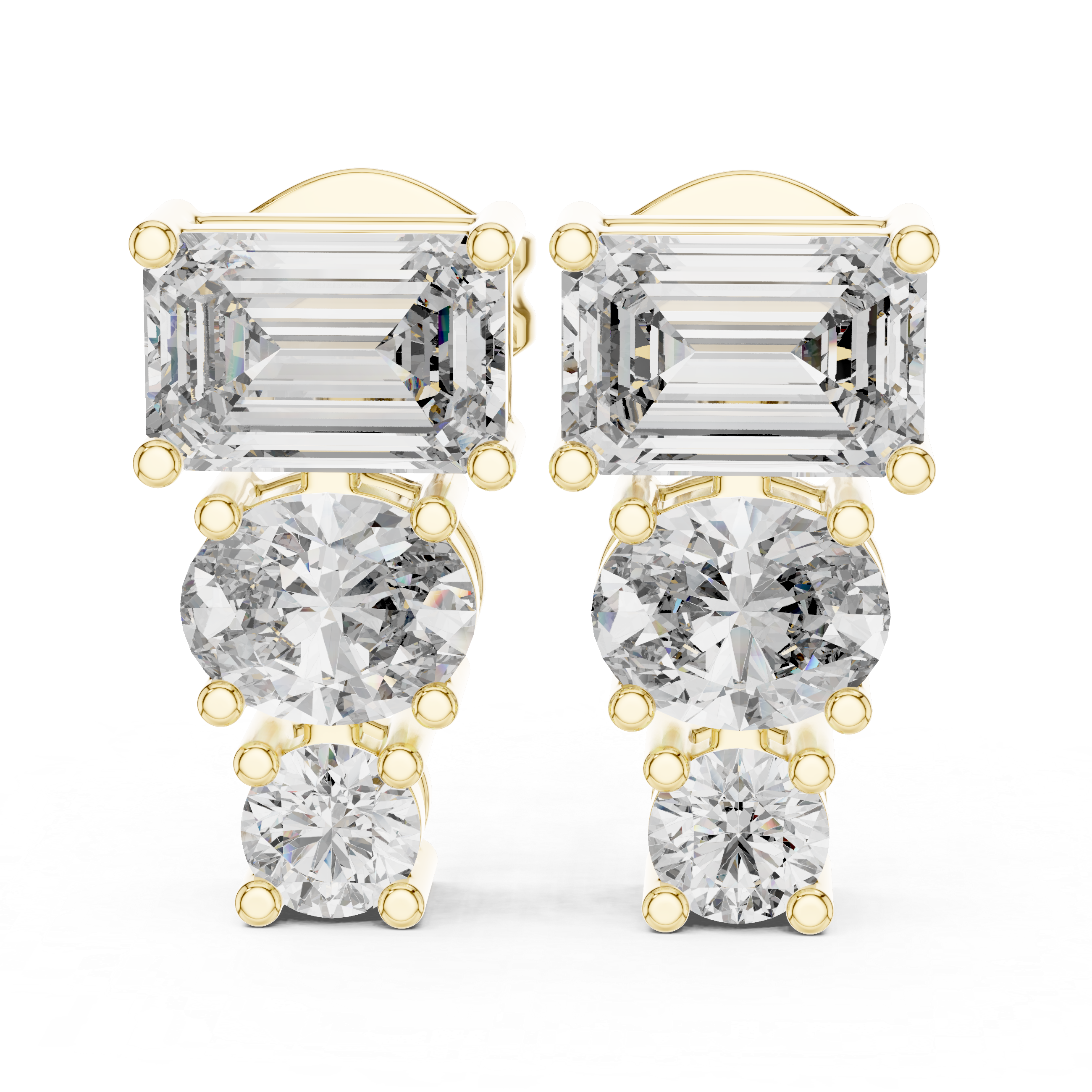 Emerald Cut & Round Diamond Drop Earrings in Gold