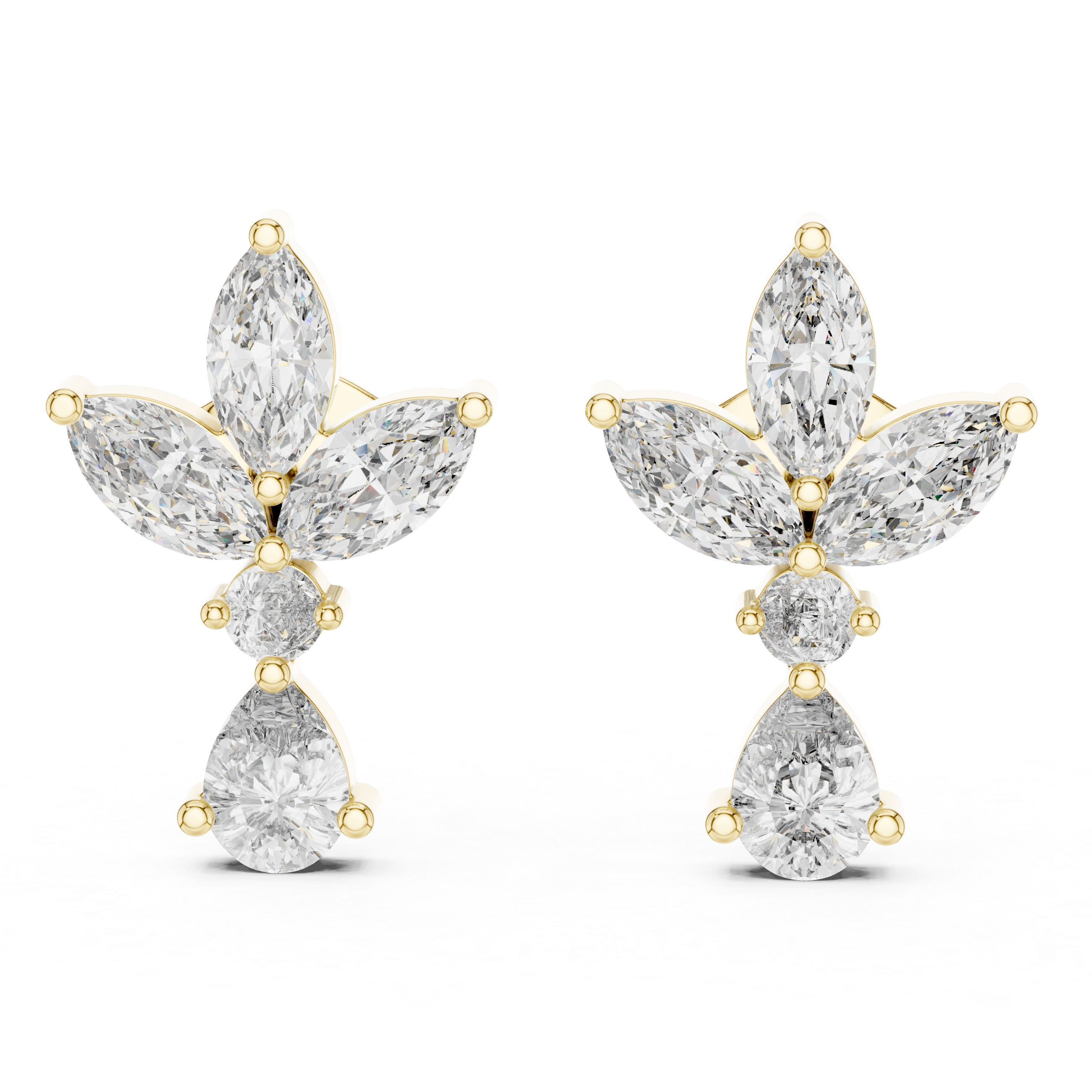 Marquise & Pear Diamond Floral Drop Earrings in Gold