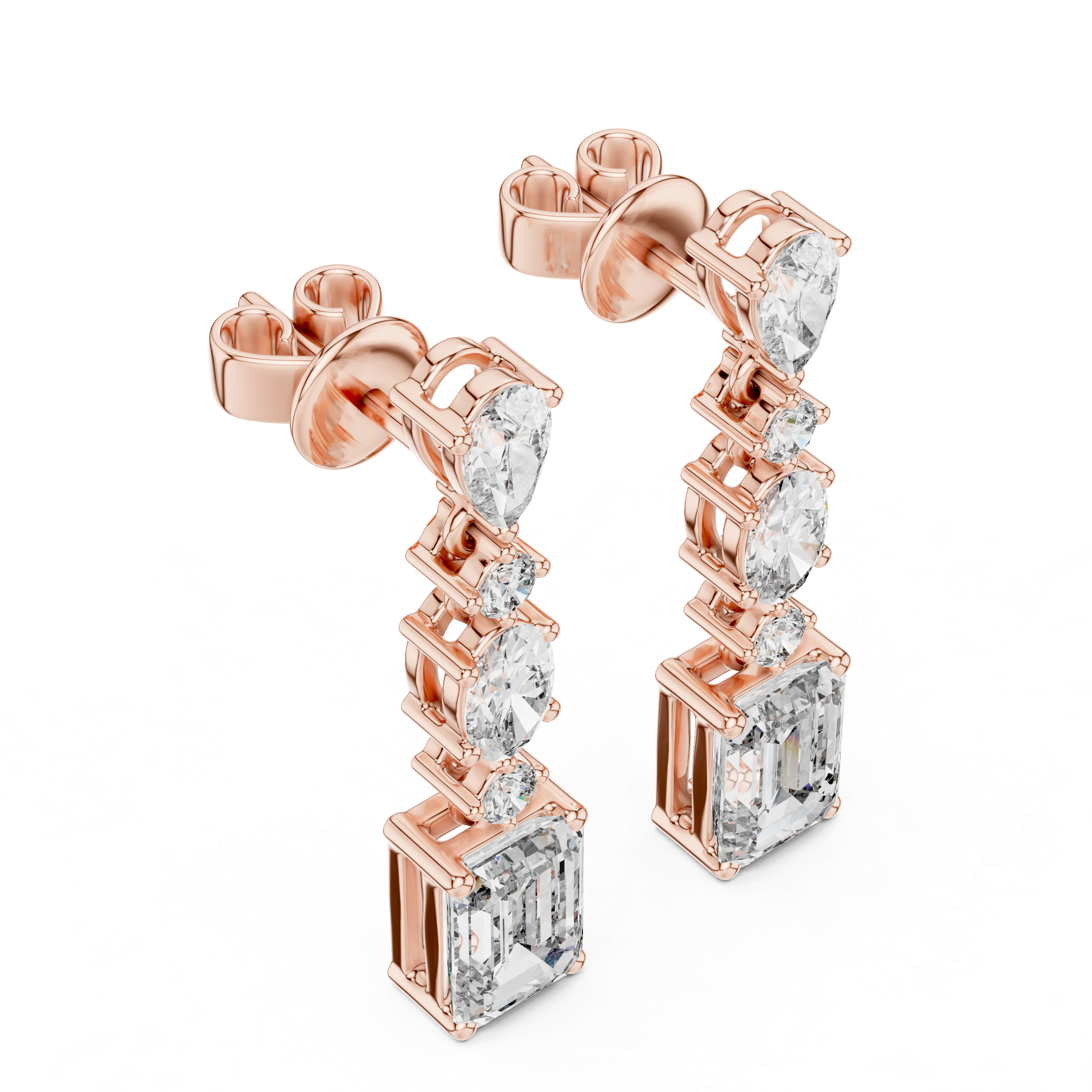 Mixed Shape Diamond Drop Earrings with Emerald Cut Center