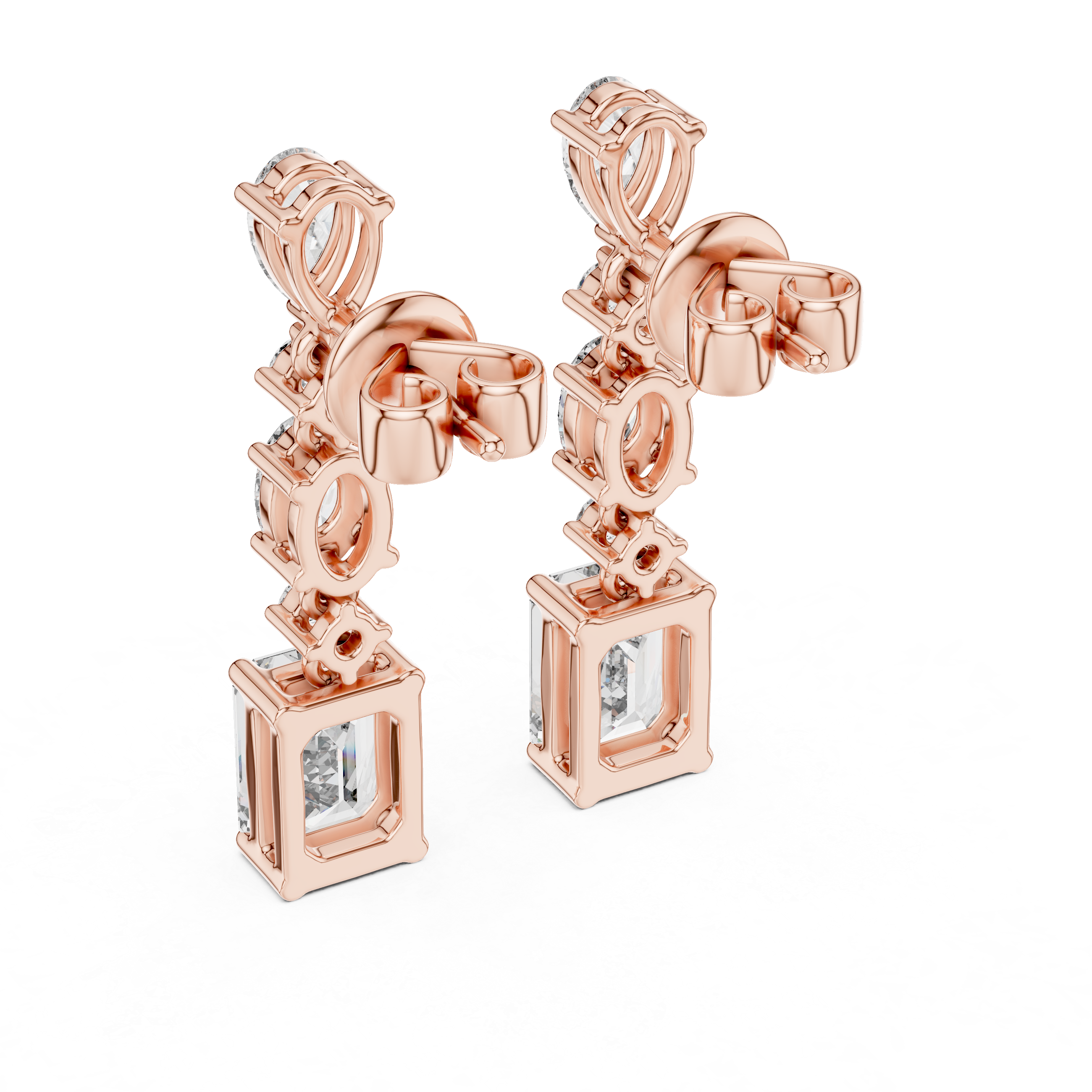 Mixed Shape Diamond Drop Earrings with Emerald Cut Center
