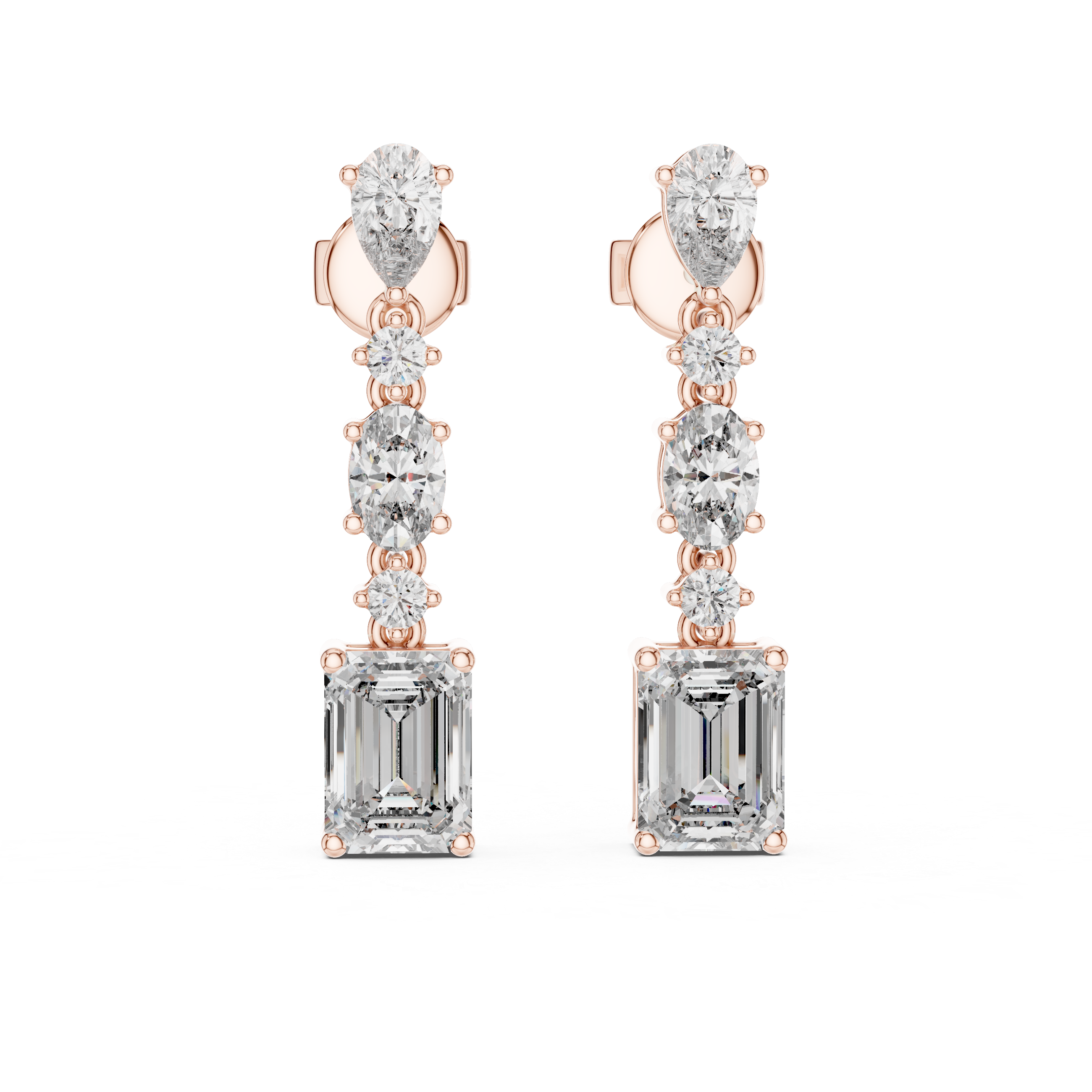 Mixed Shape Diamond Drop Earrings with Emerald Cut Center
