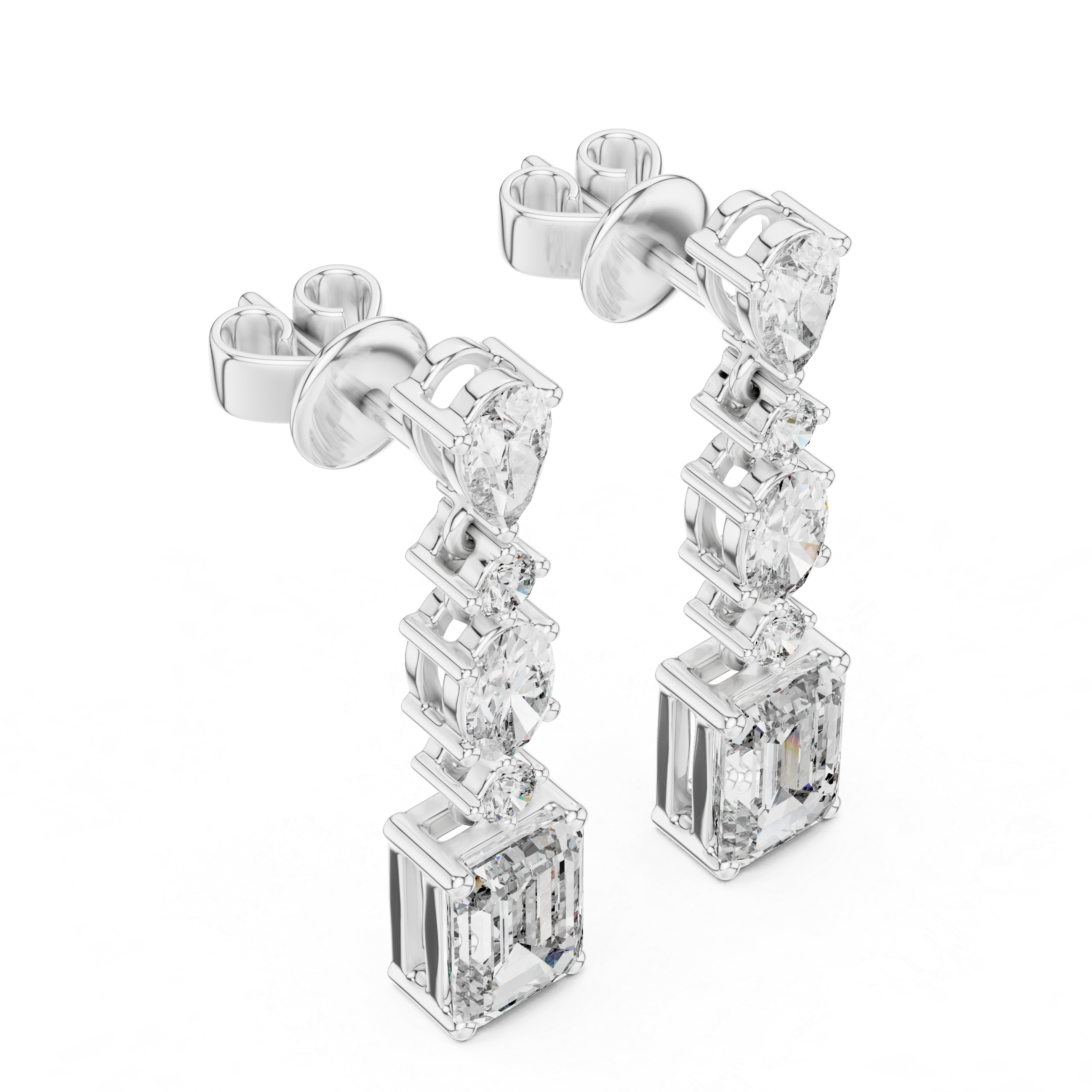 Mixed Shape Diamond Drop Earrings with Emerald Cut Center