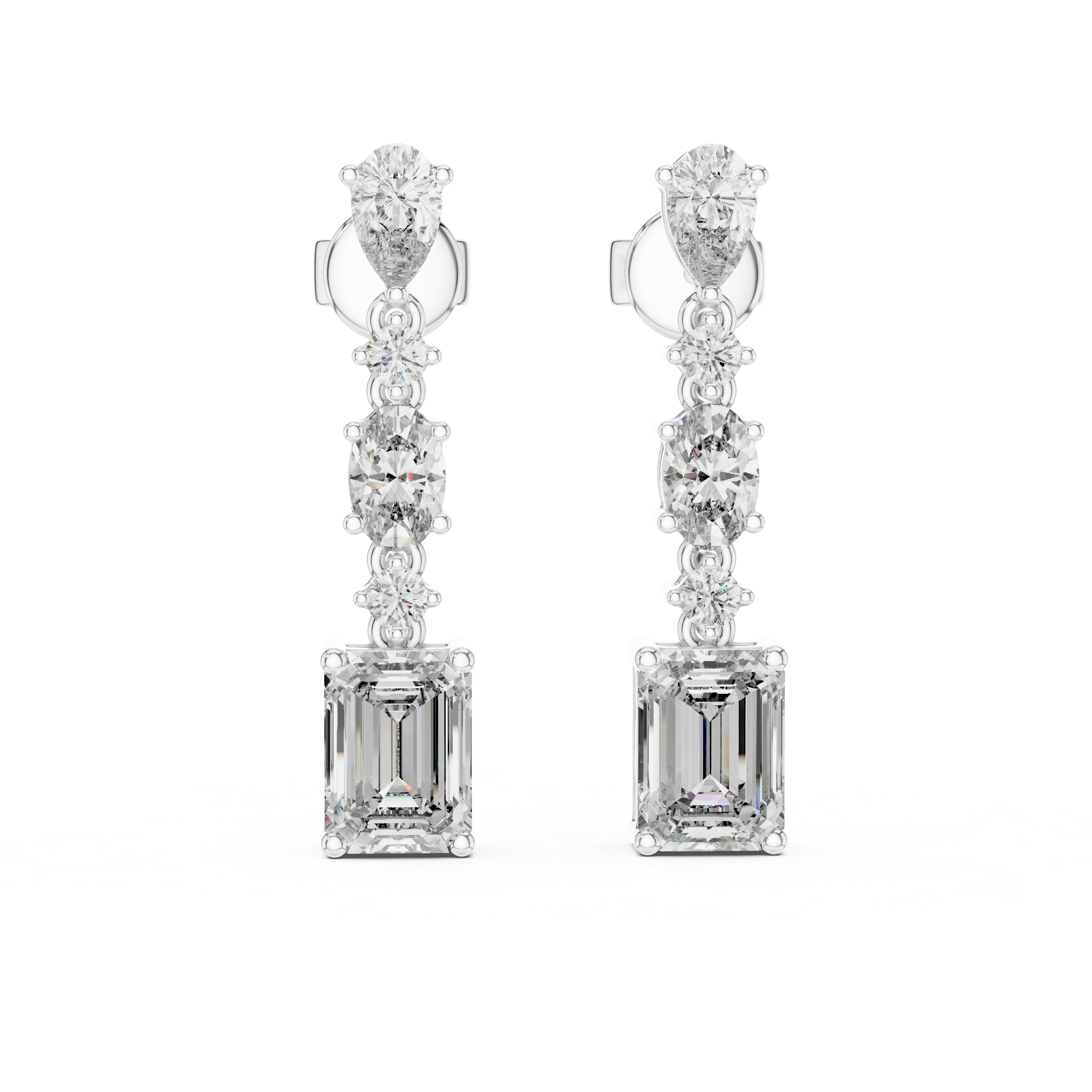Mixed Shape Diamond Drop Earrings with Emerald Cut Center