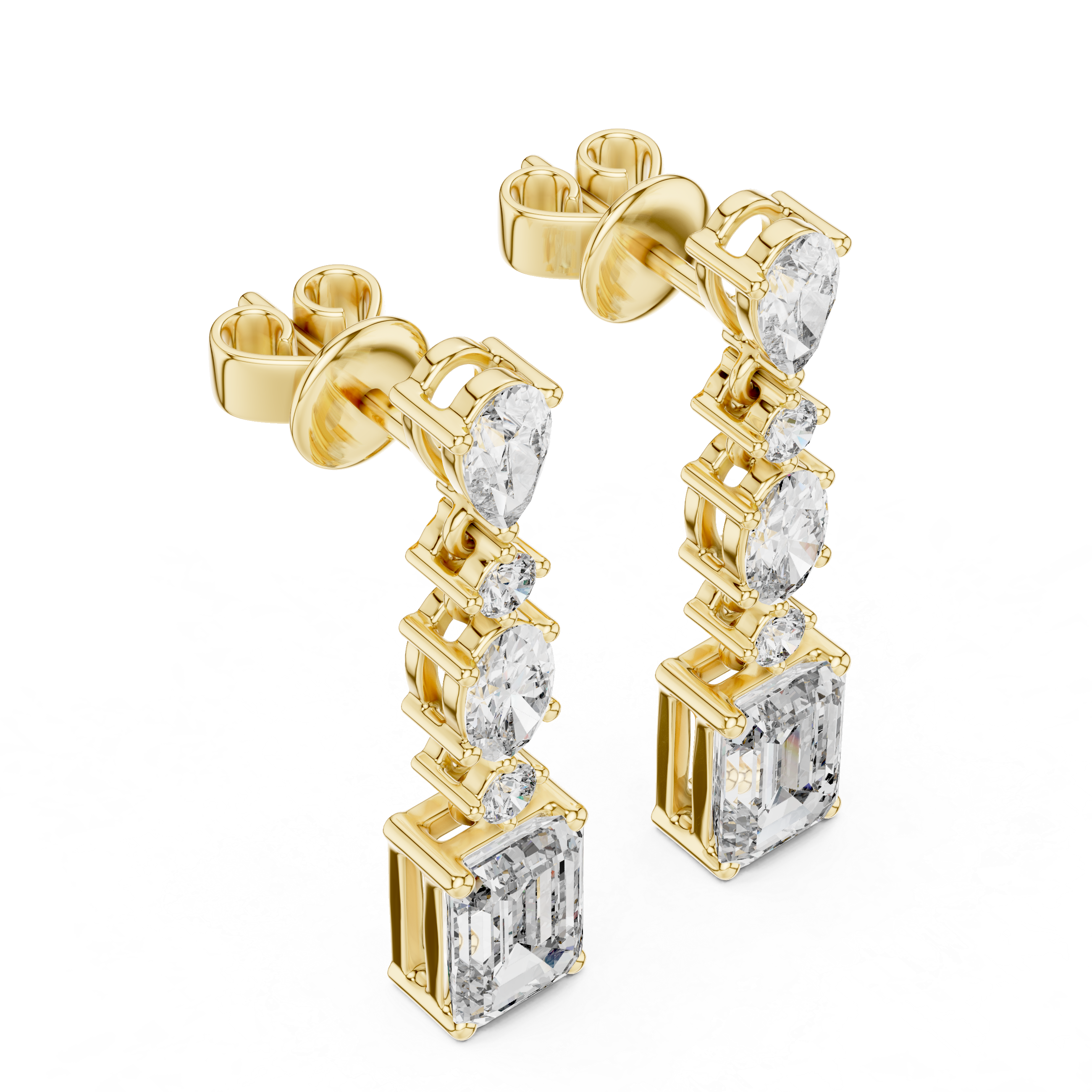 Mixed Shape Diamond Drop Earrings with Emerald Cut Center