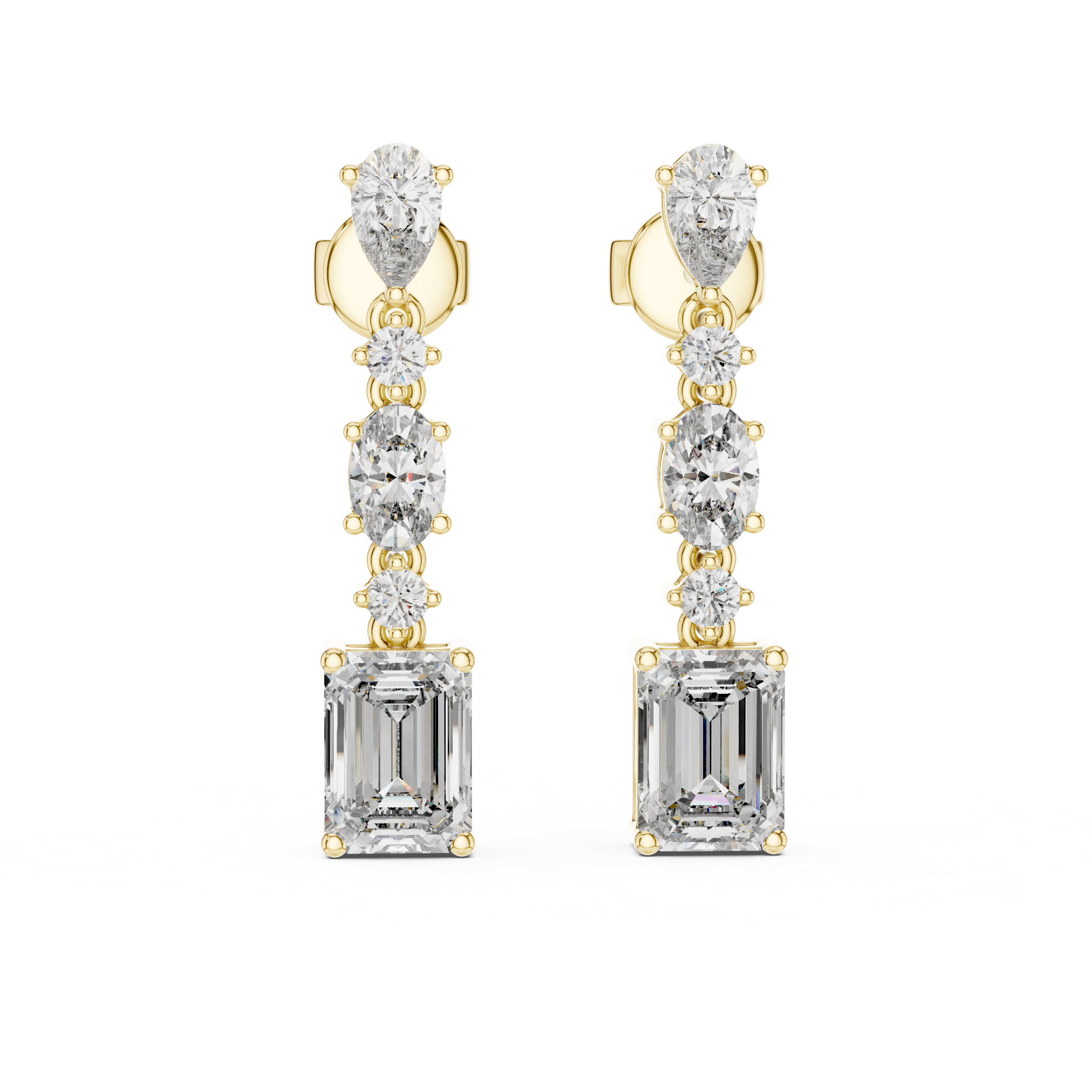 Mixed Shape Diamond Drop Earrings with Emerald Cut Center
