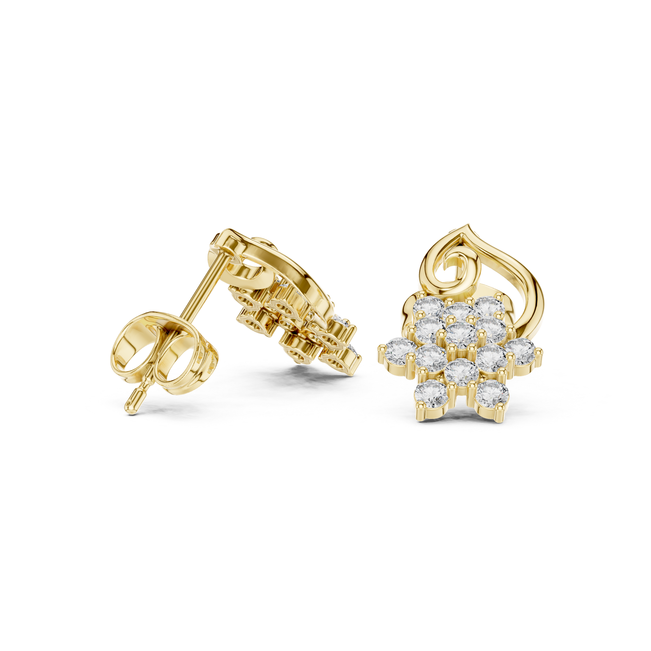 Floral Cluster Diamond Earrings with Curved Gold Motif – Elegant Statement Design