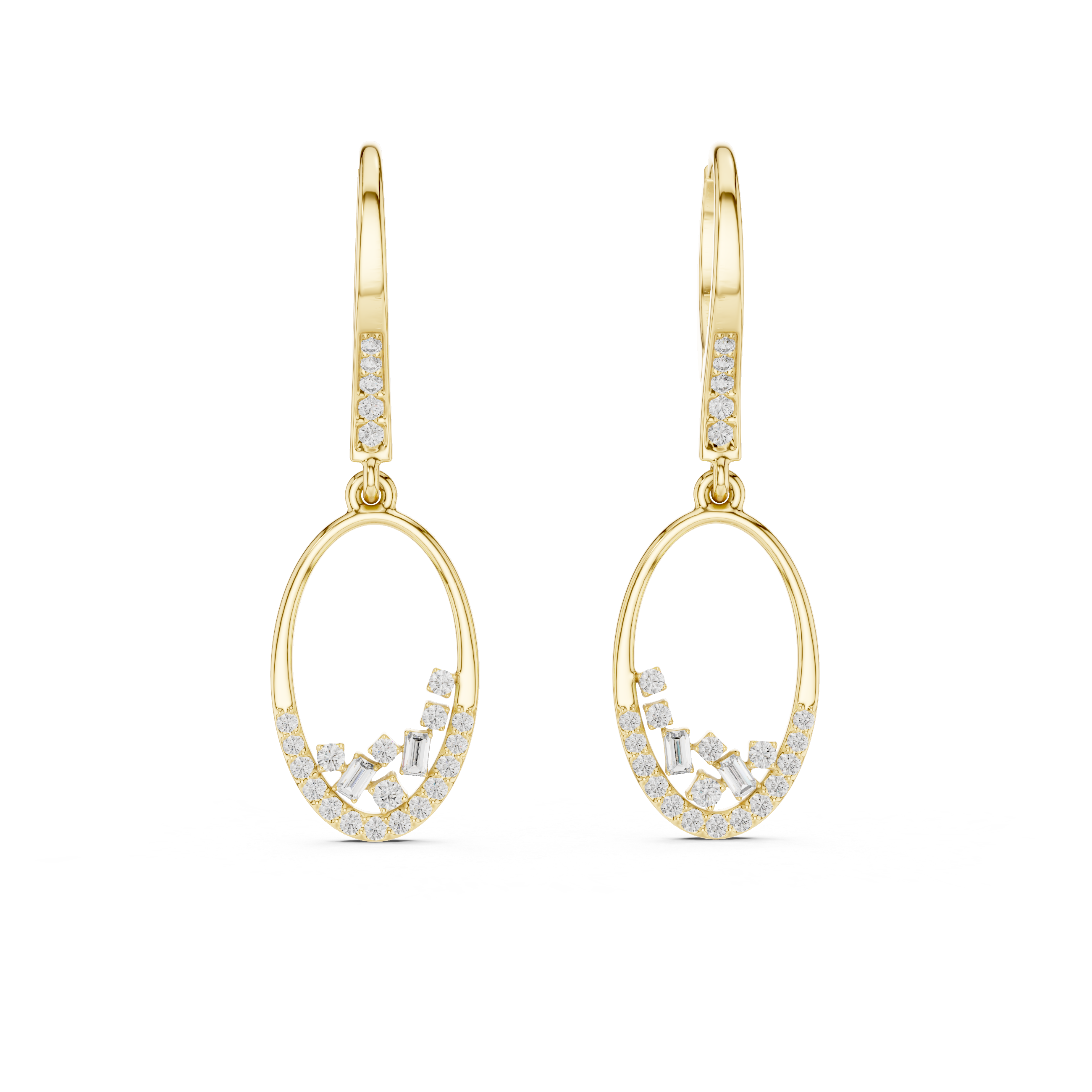 Diamond Oval Drop Earrings with Floating Cluster Design