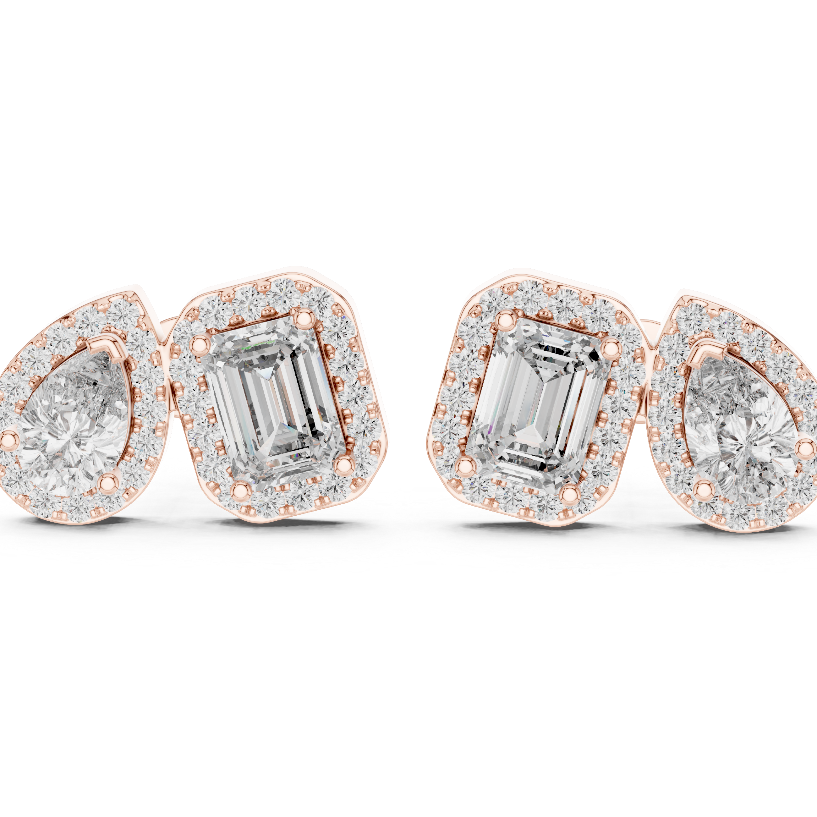 Elegant Dual Shape Diamond Stud Earrings with Emerald & Pear Halo Design