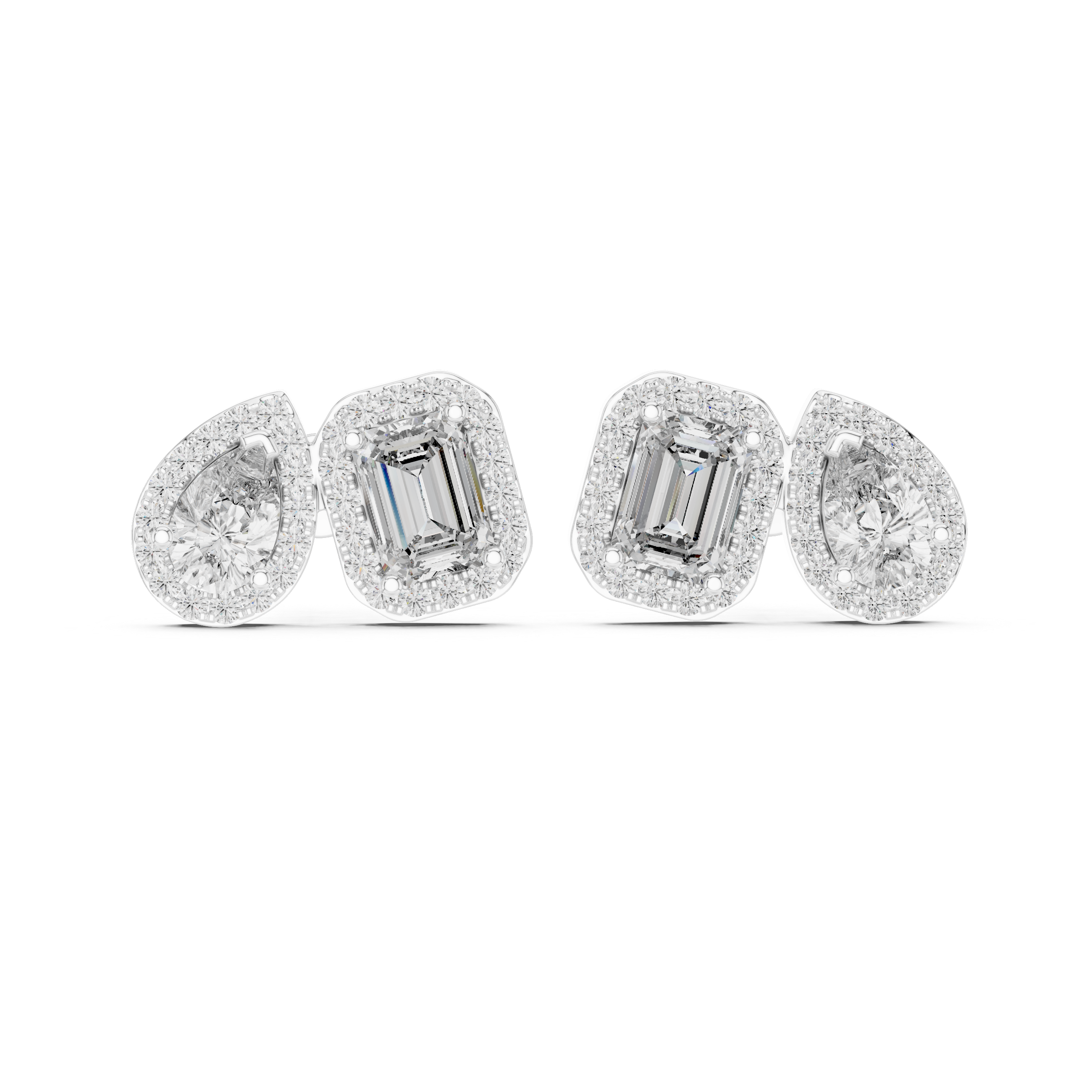 Elegant Dual Shape Diamond Stud Earrings with Emerald & Pear Halo Design