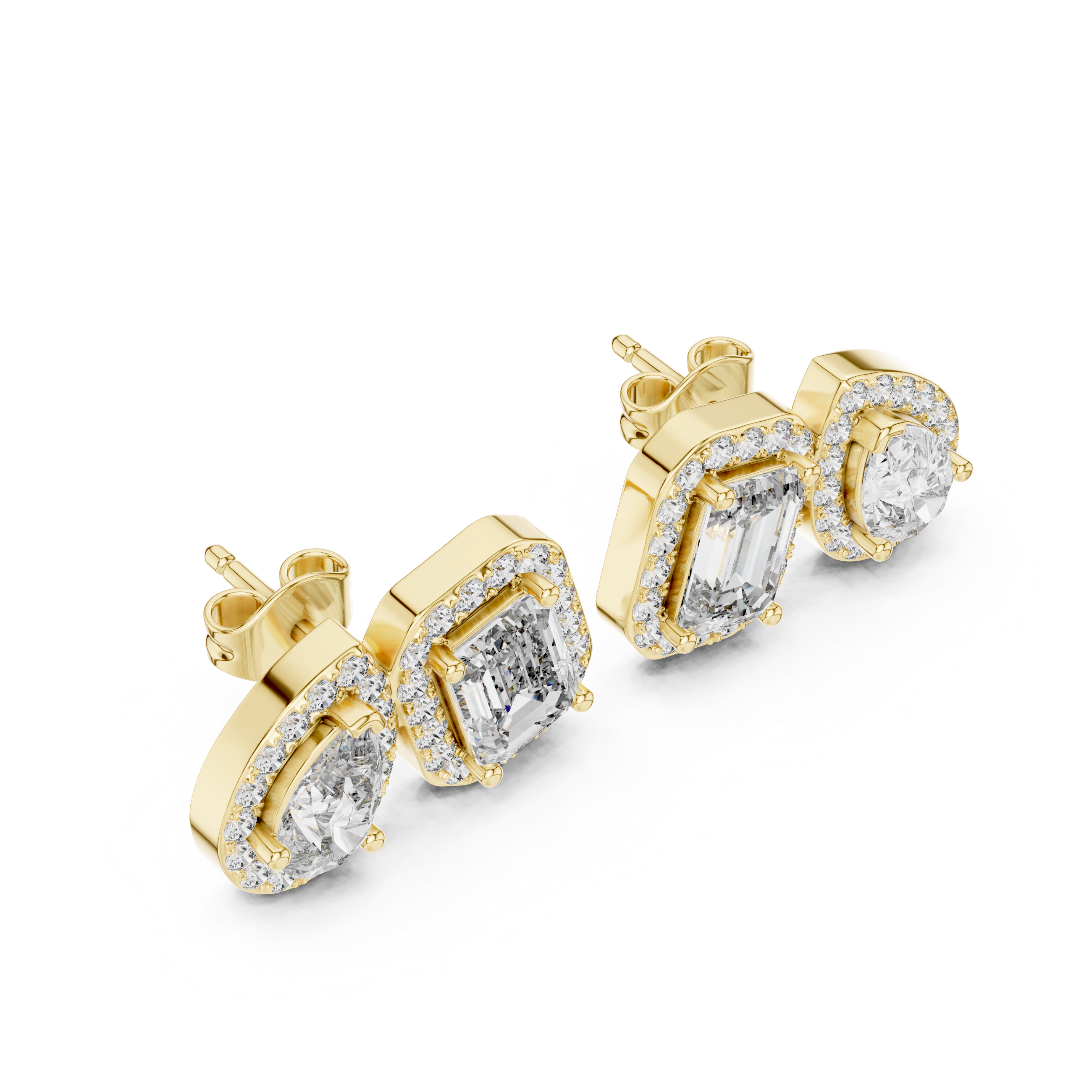 Elegant Dual Shape Diamond Stud Earrings with Emerald & Pear Halo Design
