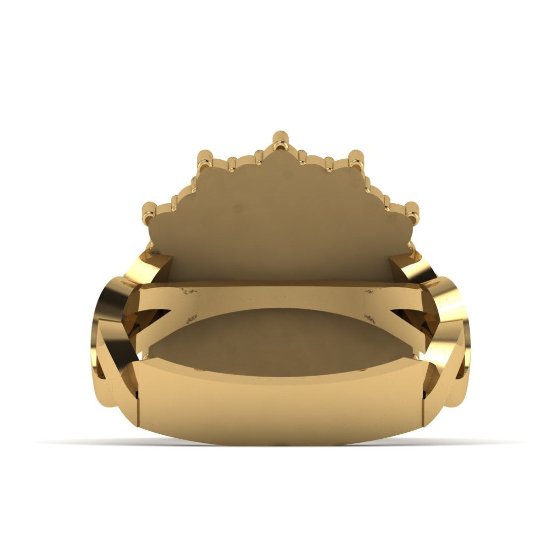 Gold ring with intricate design on a white background